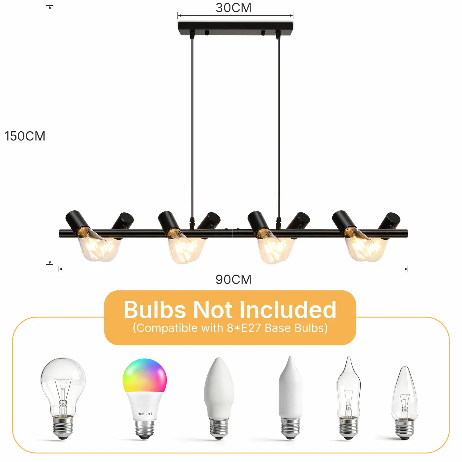 VivaLet Lampadario Soggiorno Moderni Nero, E27 Faretti Soffitto a 8-Luci, Testa Orientabile, Lampadario Vintage a Sospensione da Sala da Pranzo Regolabile in Altezza, Plafoniera Industrial per Cucina