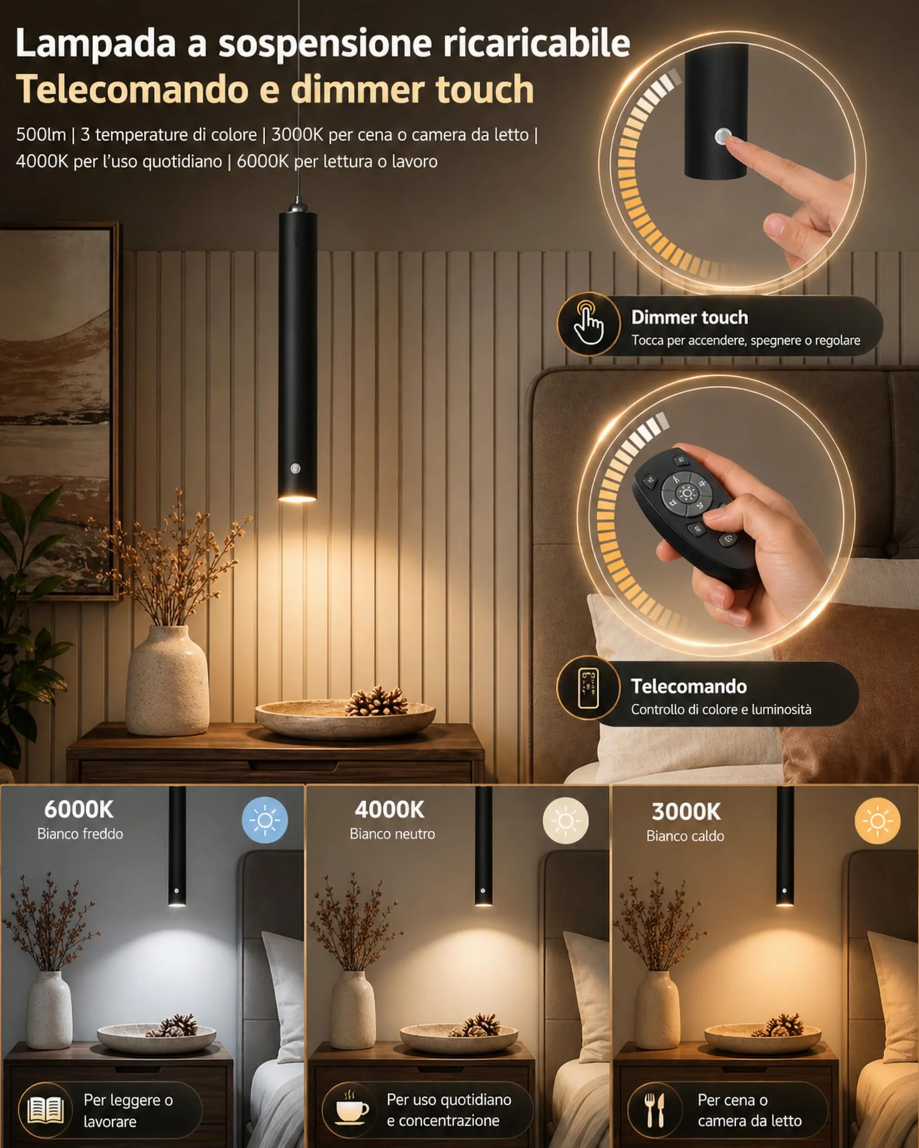 ACMHNC Lampada a Sospensione a Batteria Senza Fili,5W LED Sospensione Ricaricabile USB-C 4500mAh con Telecomando,Dimmerabile 3000K/4000K/6000K, Timer,Lampadario Camera da Letto Cucina, Nero,Ø4x30cm
