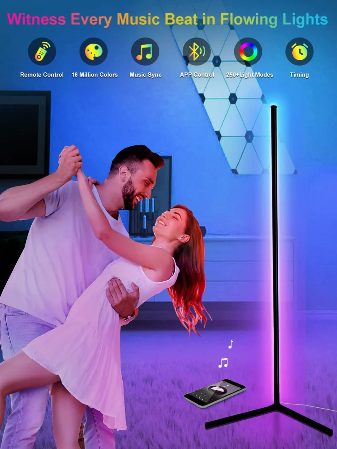 DeeprBling Lampada da Terra LED, 165cm Piantana Lampada RGB Dimmerabile con Telecomando e Bluetooth APP, 16 Milioni Colori, Musica Sincronizzazione e Timer, DIY Modalità per Soggiorno Camera da Letto