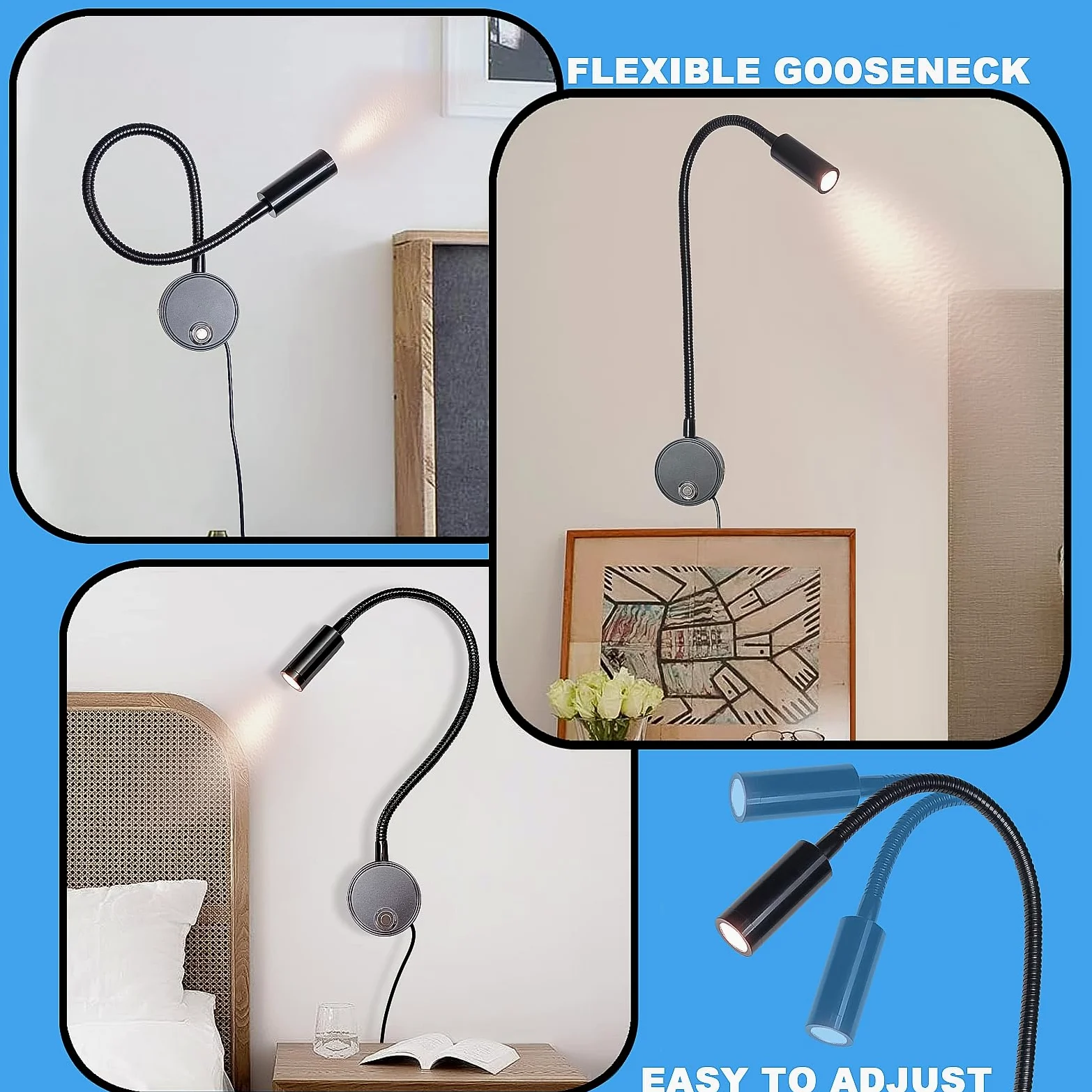 2 pezzi 3W Applique da Parete interno, Lampada da Lettura Muro Dimmerabile Touch con Porta di Ricarica USB, 3000K-6000K LED Luce da Letto Flessibile a Collo di Cigno Illuminazione Comodino, Nero