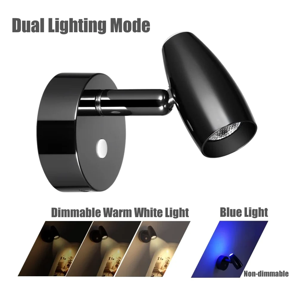 2 x Lampade da Lettura LED 12V Dimmerabile Girevole Spot Camper Barca Lampada da Parete da Comodino, Per Caravan Furgone Van, 12-24V DC con Caricatore USB & Luce notturna blu, Nero lucido