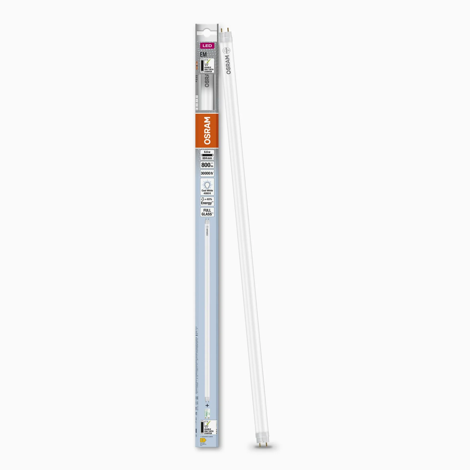 OSRAM LED TUBE T8 18 EM 600 mm, tubo LED lineare, 6.6W, 800lm, 4000K, luce bianca fredda, sostituzione LED per tubi fluorescenti T8 con attacco G13, lunga durata, basso consumo energetico