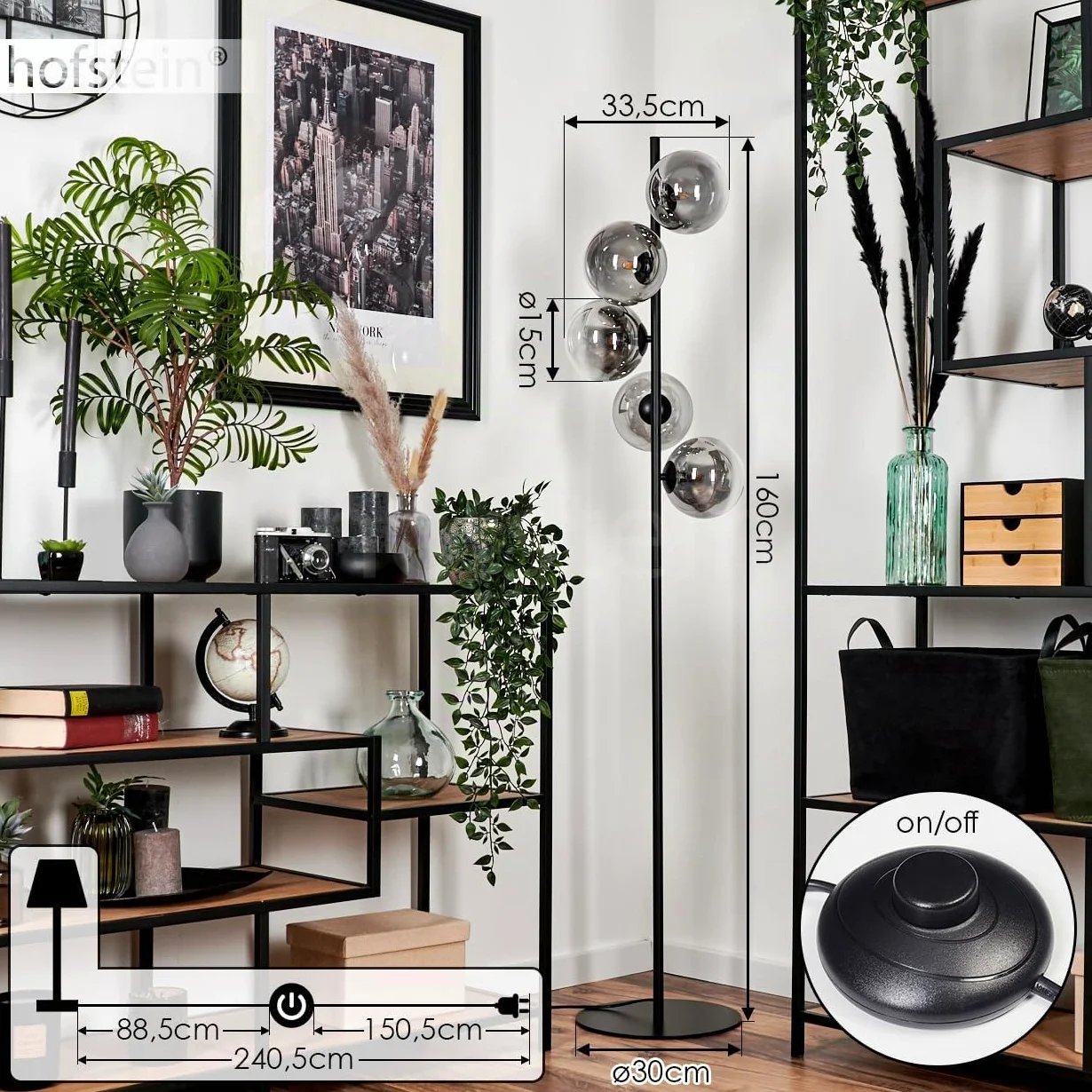 Lampada a stelo Remaisnil Lampada da terra in metallo/vetro nero/fumo/trasparente, design retro/vintage con ombrelli e poggiapiedi, altezza 160 cm, 5 x G9