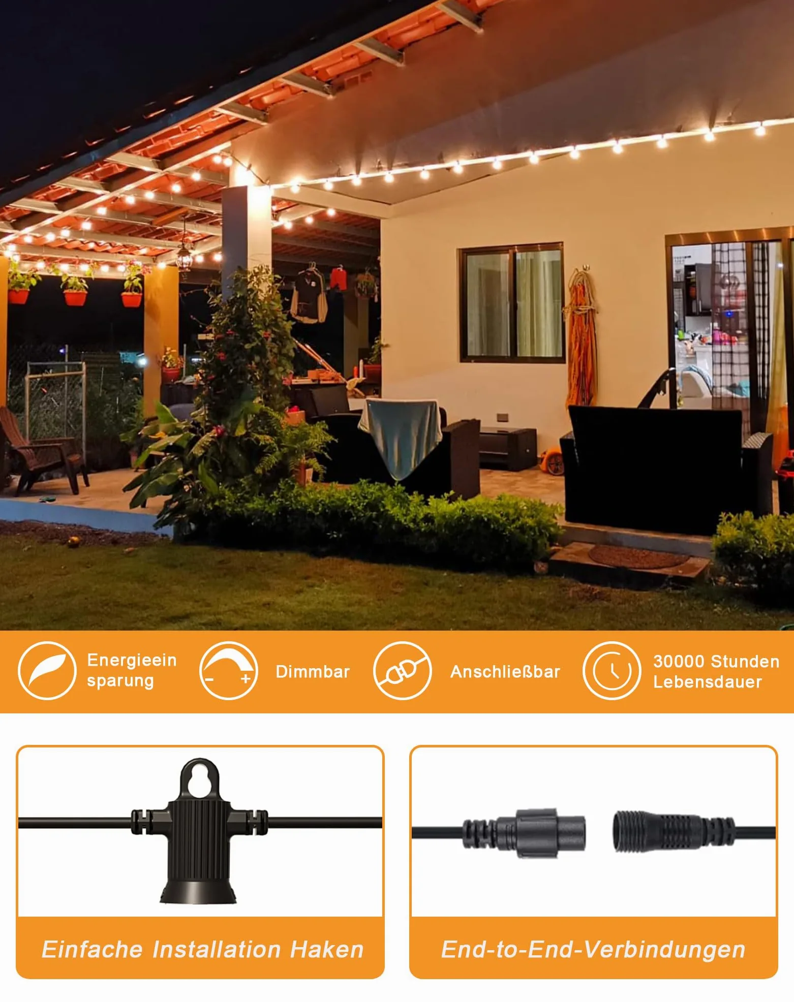 Zuske Catena luminosa da 20 m, per esterni, con 30 + 2 lampadine G40, infrangibili, IP65, impermeabile, per giardino, terrazza, matrimoni, feste, bistrò, balcone