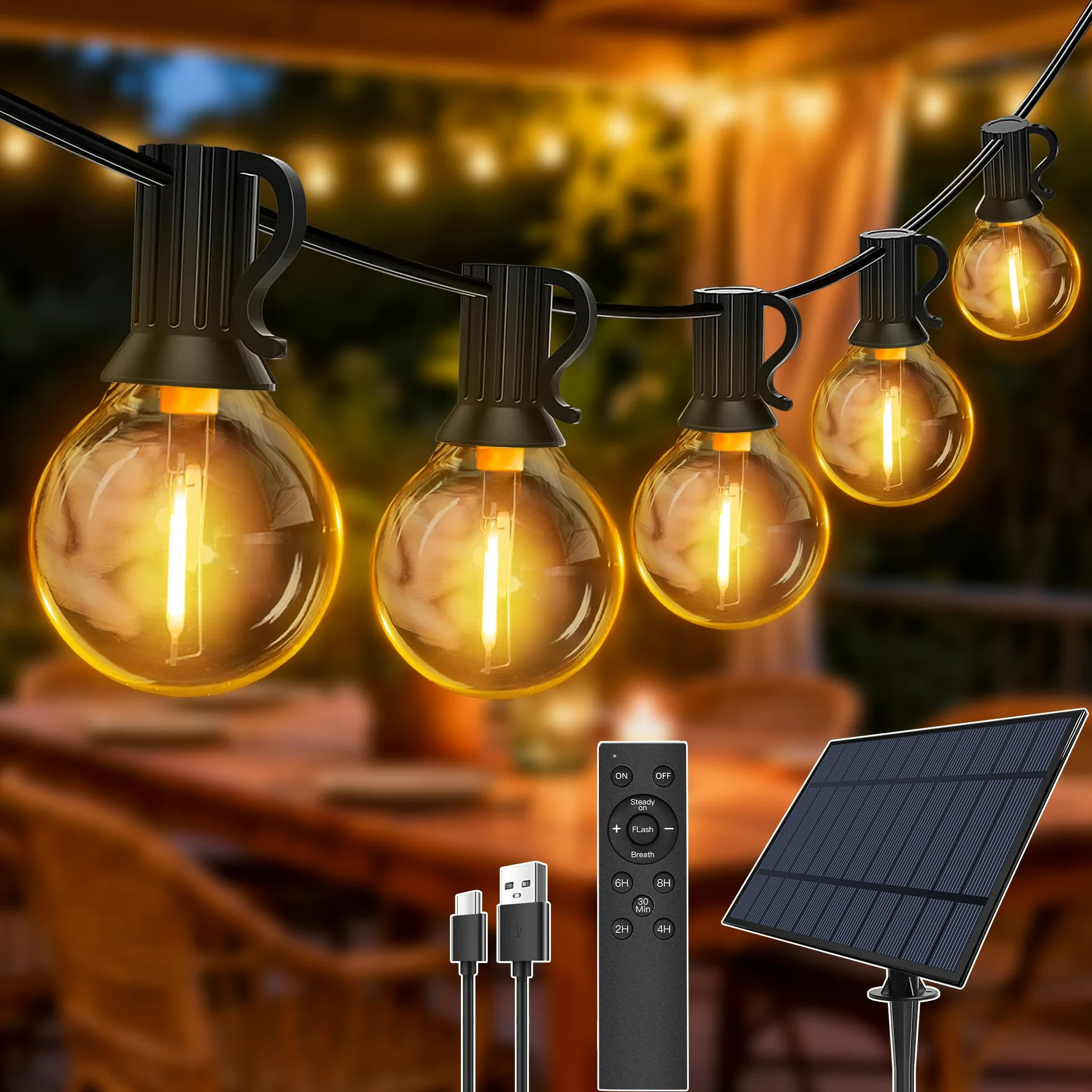 Luci solari da giardino da 30 m, impermeabili, con 40+2 lampadine infrangibili G40, 3 modalità dimmerabili, USB e luce solare per esterni, patio, cortile, gazebo, portico, festa di nozze