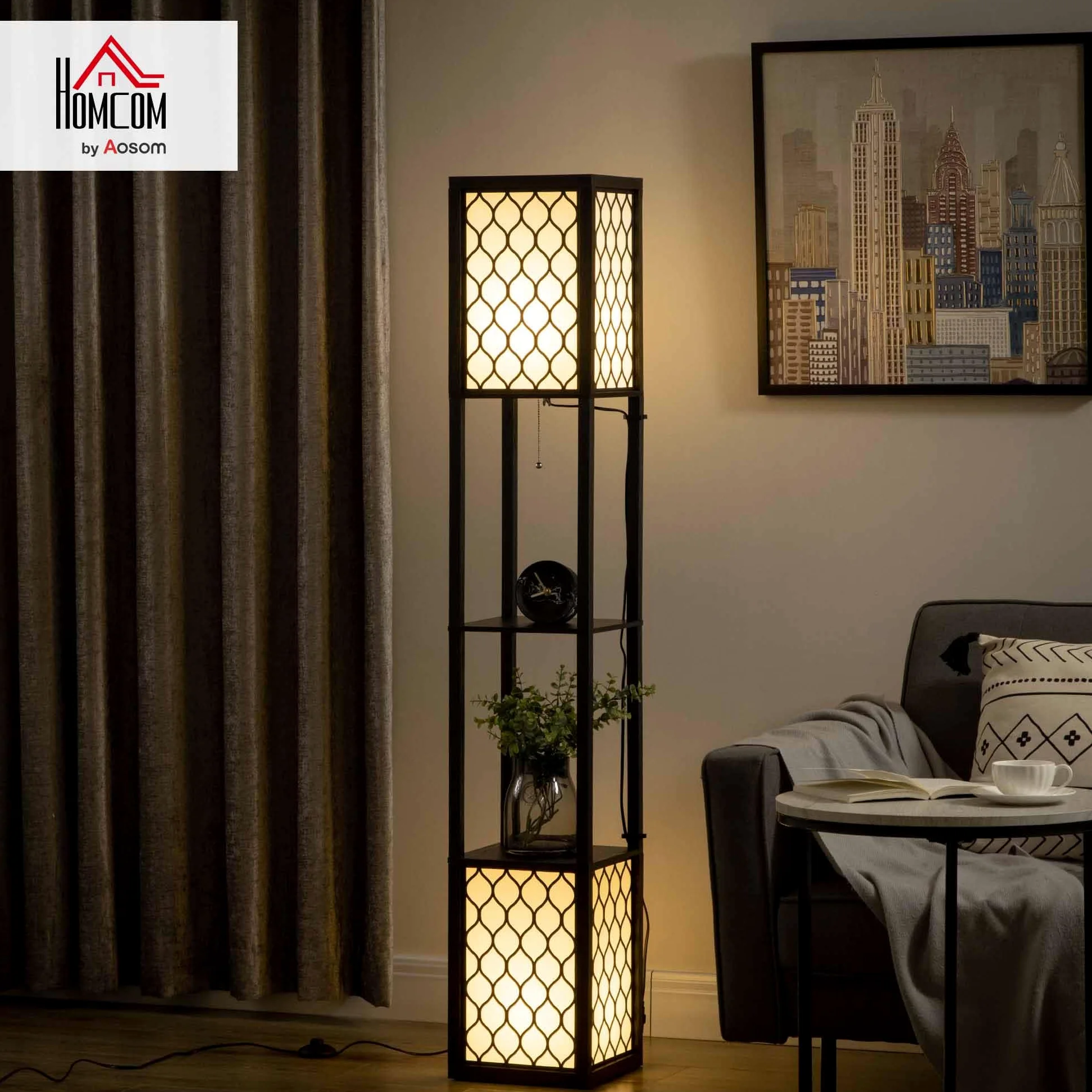 HOMCOM Lampada da Terra a Colonna in MDF e Plastica PP con 2 Ripiani, per Soggiorno, Studio e Camera da Letto, 26x26x156 cm, Bianca e Nera
