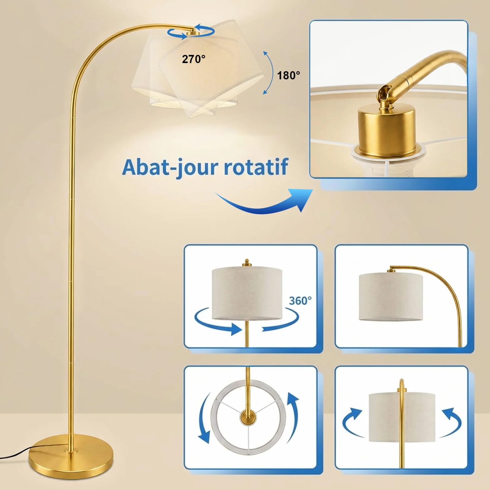 Lampada Da Terra Ad Arco 157 cm, Testa Orientabile, E27, Oro | Paralume in lino, lampadina LED 12W a 3 tonalità inclusa, interruttore a pedale, base stabile in metallo