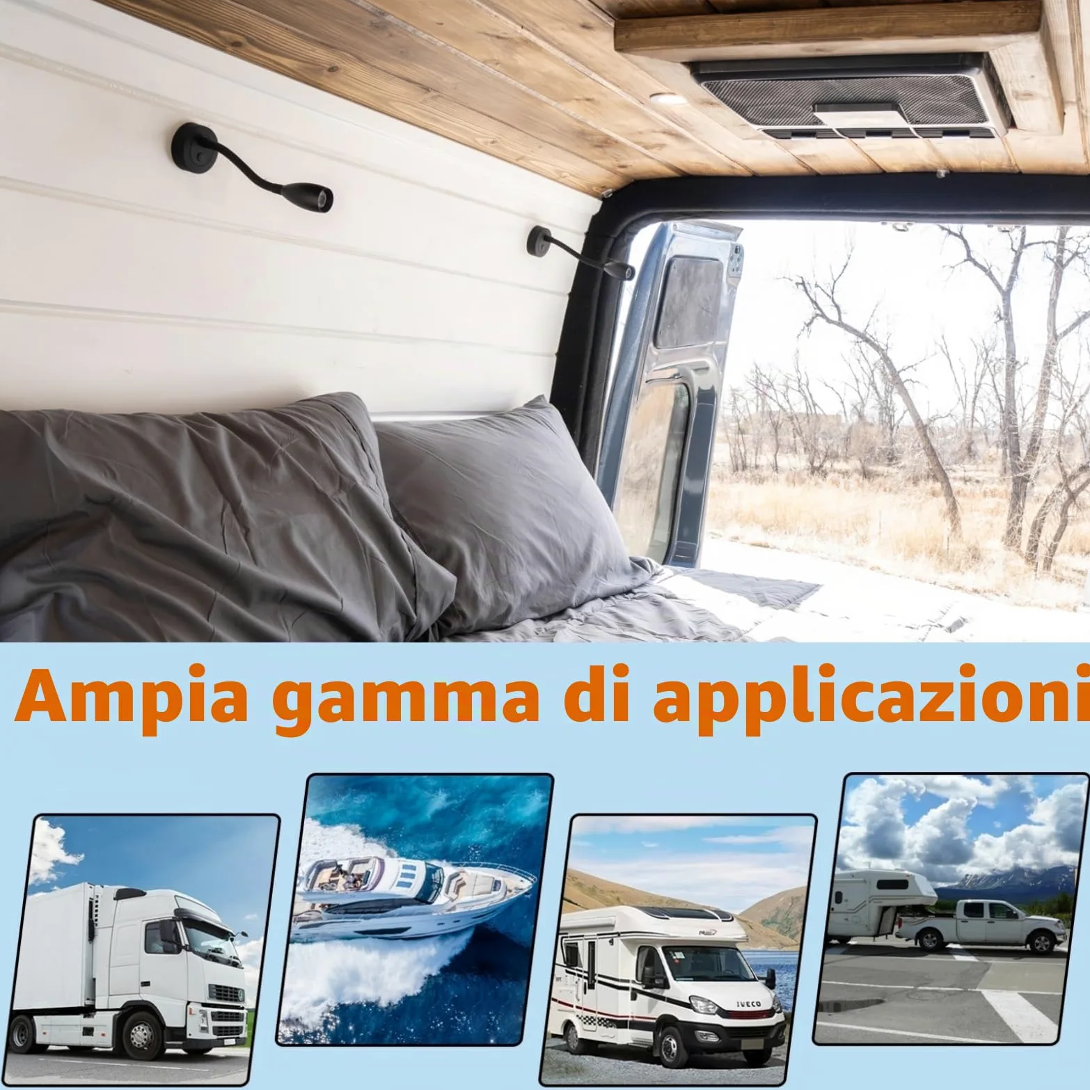 2 x Lampade da Lettura a LED 12V Dimmerabile Spot Camper Barca Lampada da Parete da Comodino 24V Flessibile a Collo di Cigno, Per Caravan Furgone, con Caricatore USB&Interruttore Dimmer