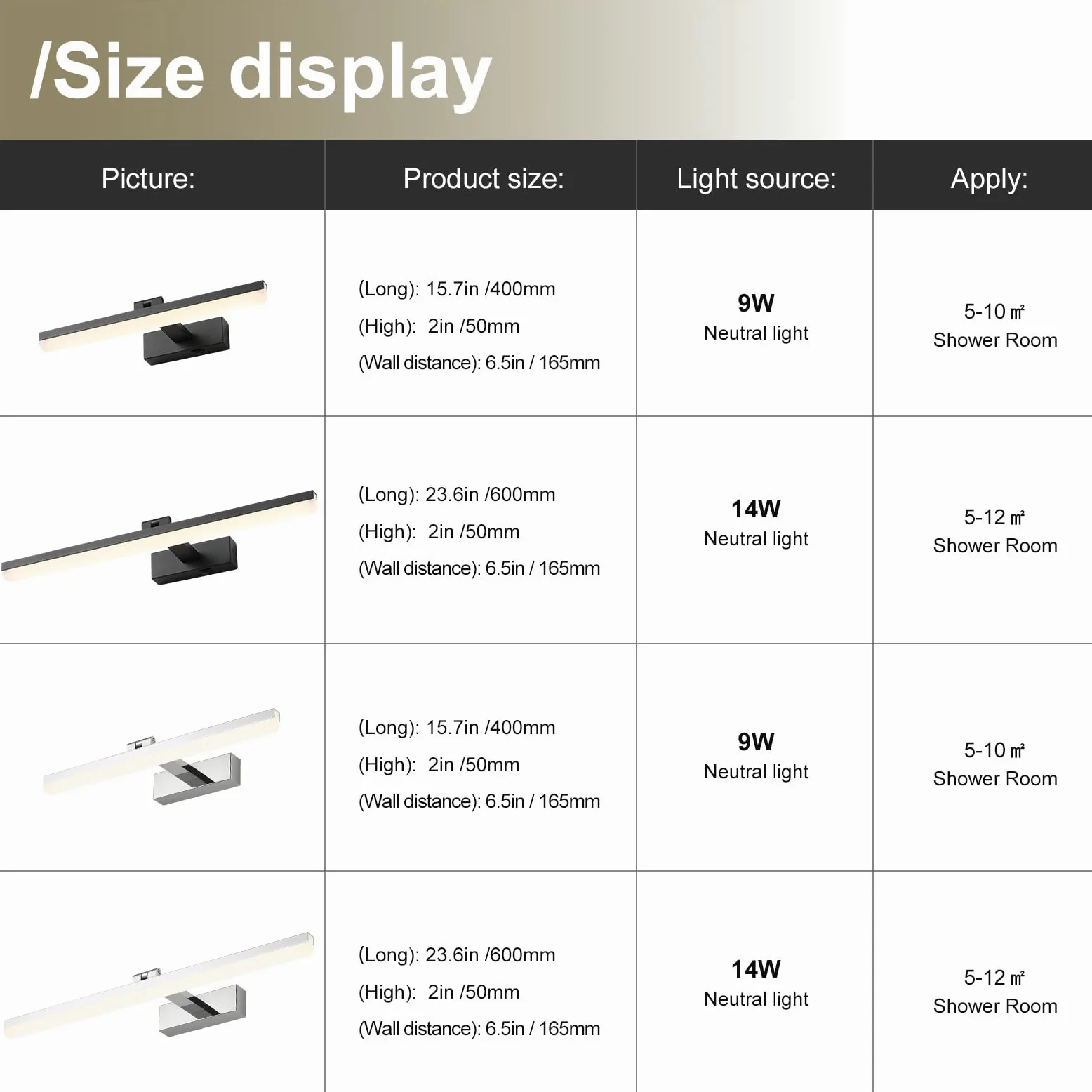 LED Lampada a Specchio 60cm, 18W IP44 Lampada a Specchio Bagno, Lampada da Lampada Da Parete Alluminio Bagno Lampada Da Parete Bagno, Bianco Naturale 4000K, Nero