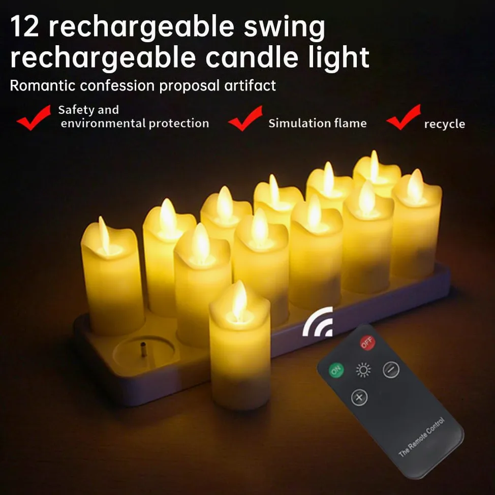 Candele tremolanti Senza Fiamma Confezione da 12 Candele LED realistiche Ricaricabili con Telecomando a 4 Tasti Candele elettriche in plastica in Giallo Caldo per Decorazioni