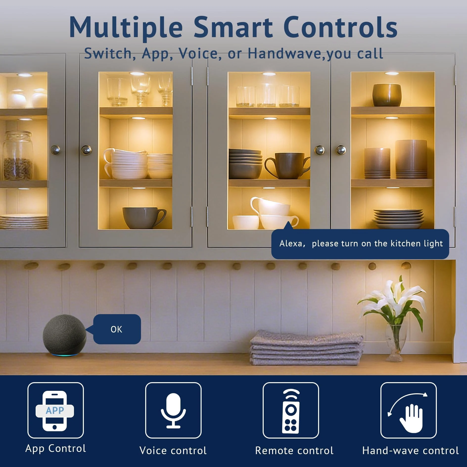 V4light Puck Smart Plug Lights, illuminazione sotto armadio per cucina, controllo app, voce e gesti, compatibile con Alexa e Google Home, luce dimmerabile calda a freddo, confezione da 4