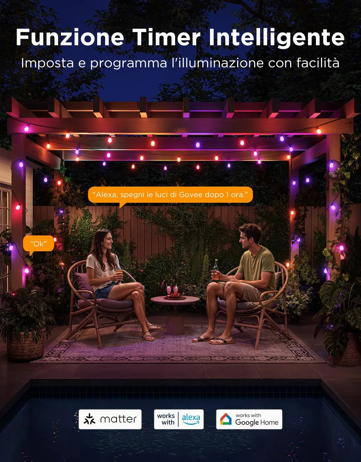 Govee Catena Luminosa Esterno, 15M Lampadine LED RGBIC Bianco Caldo, Controllo APP WiFi con Alexa Luci da Esterno, IP66 Impermeabile, 111 Modalità di Scena, Adatto per Giardino, Balcone, Gazebo