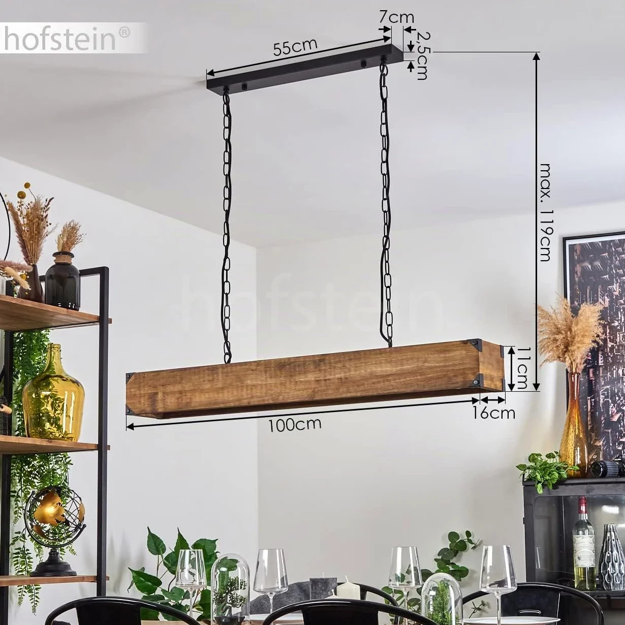 Lampada a sospensione Olomouc, lampada a sospensione in metallo nero, lampada a sospensione con asta in legno, anelli di catena e paralumi regolabili, altezza massima 119 cm, 4 x E27,senza lampadina/e