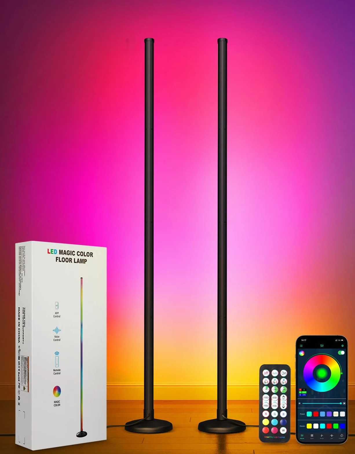 OUTON Lampada da Terra LED 2-Pezzi, RGBIC Dimmerabile Piantana con Telecomando e Controllo APP, 16 Milioni di Colori, Sincronizzazione Musicale, Timer, per Soggiorno, Camera, Giochi