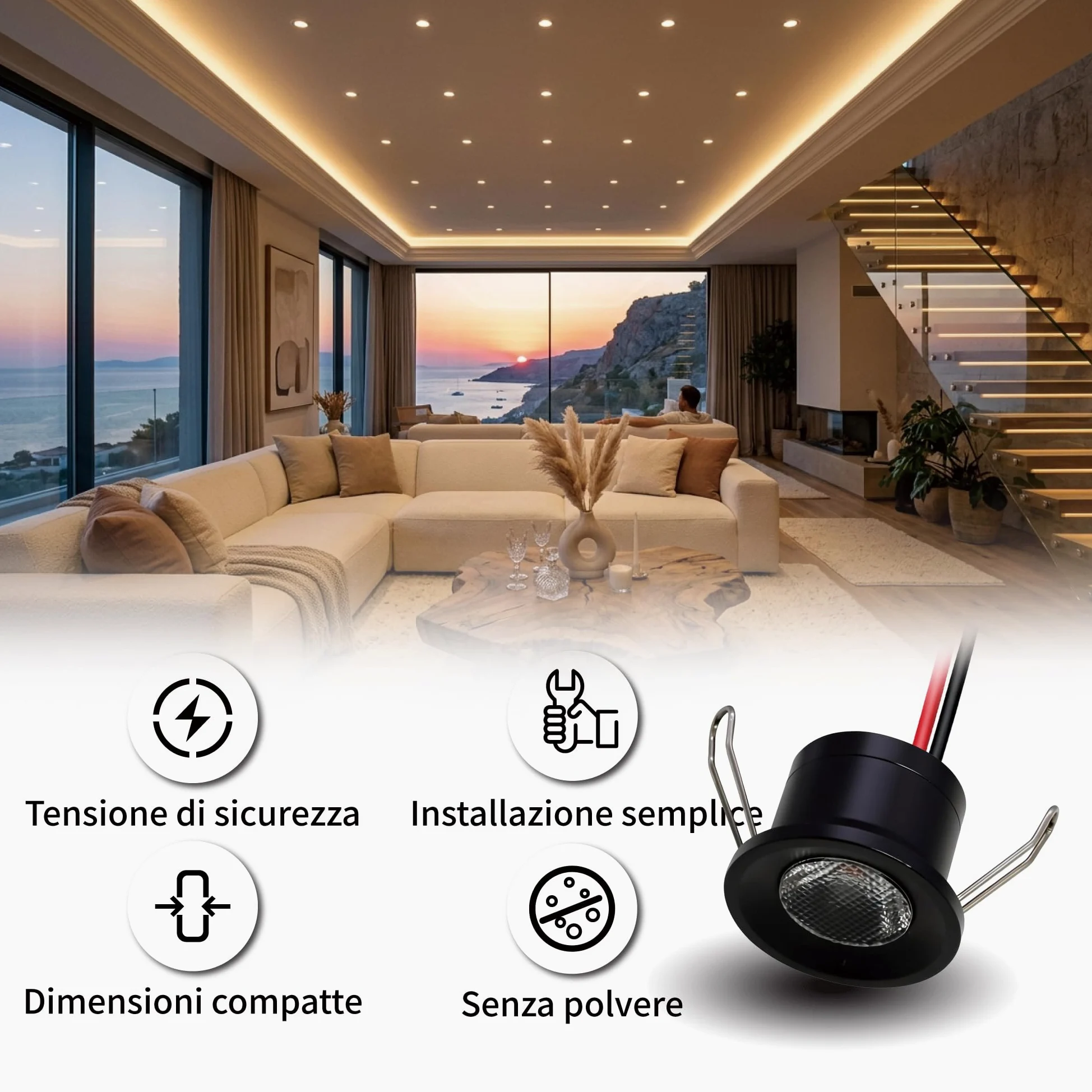 Mini Faretto LED 2W 6pz DC 12V, IP65 Impermeabile Piccolo Faretto da Incasso Soffitto, 25mm Illuminazione Fai-da-Te per Mobili Quadri Pareti Cucina Scale Vetrine Corridoi (Nero Caldo)