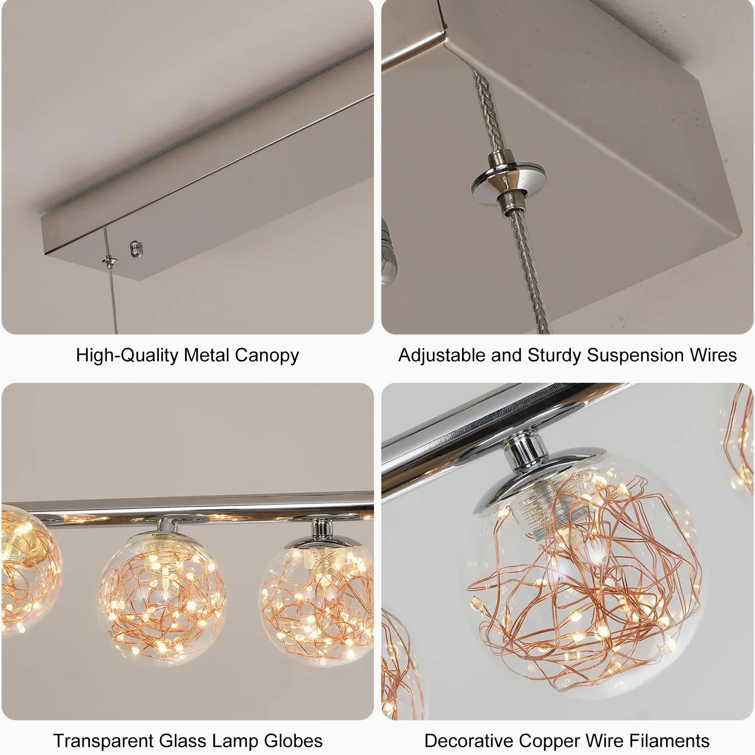 GEADI LED Lampadario Cromato, 120CM Lampada a Sospensione Moderna per Tavolo da Pranzo con 12 Globi di Vetro, Plafoniere a Soffitto Regolabile, Lampadari Lungo per Sala da Soggiorno, Cucine, Salotto
