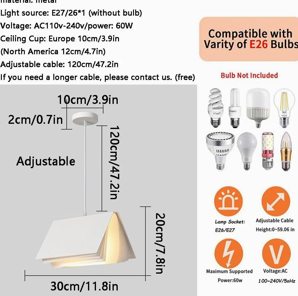 Lampadario moderno nordico a 1 luce Lampadario a sospensione medievale Lampadario a forma di libro creativo Lampadario con paralume bianco Decorazione domestica per sala da pranzo Soggiorno Ca