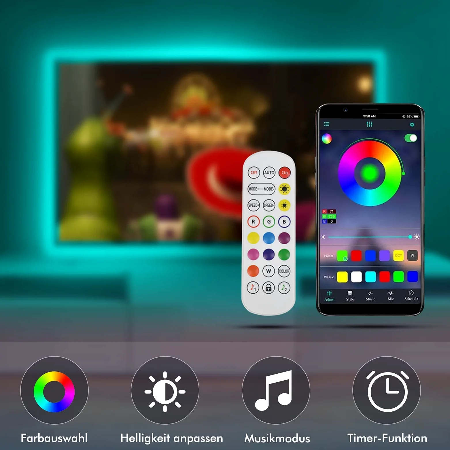 Striscia LED RGB per retroilluminazione TV, per TV da 60 fino a 80 pollici, 5 m/16.4 ft USB, controllo app, illuminazione bias per HDTV, schermo PC, sala giochi, decorazione della stanza