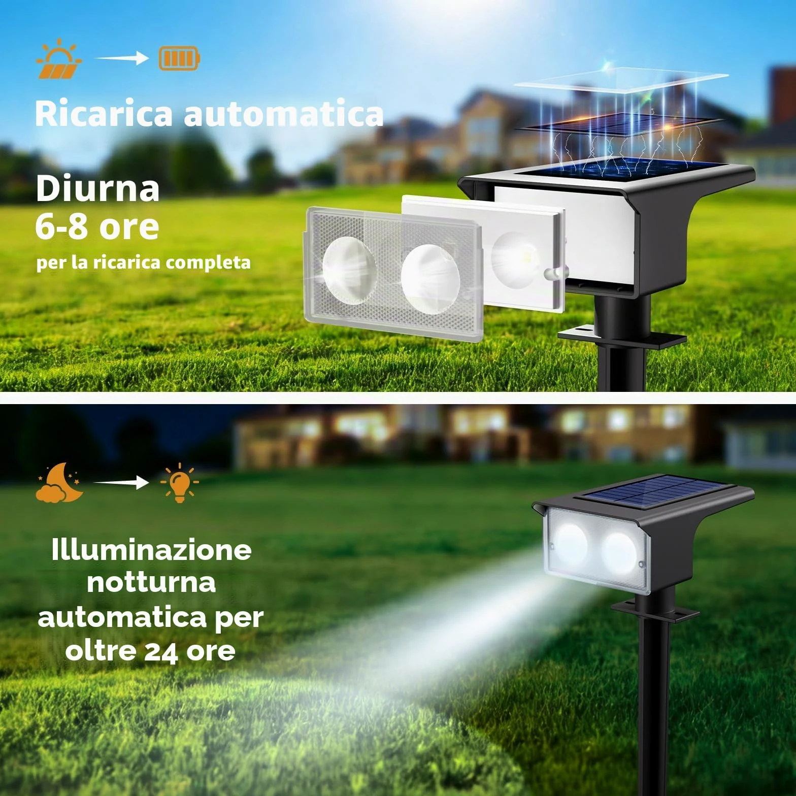 btfarm 6 Pezzi Faretti Solari a LED da Esterno, 3000K/4500K/6000K Luci Solari da Giardino IP65 Impermeabile, 2 Livelli di Luminosità Lampade Luce Solare Potenti per Cortile Vialetto Garage Prato