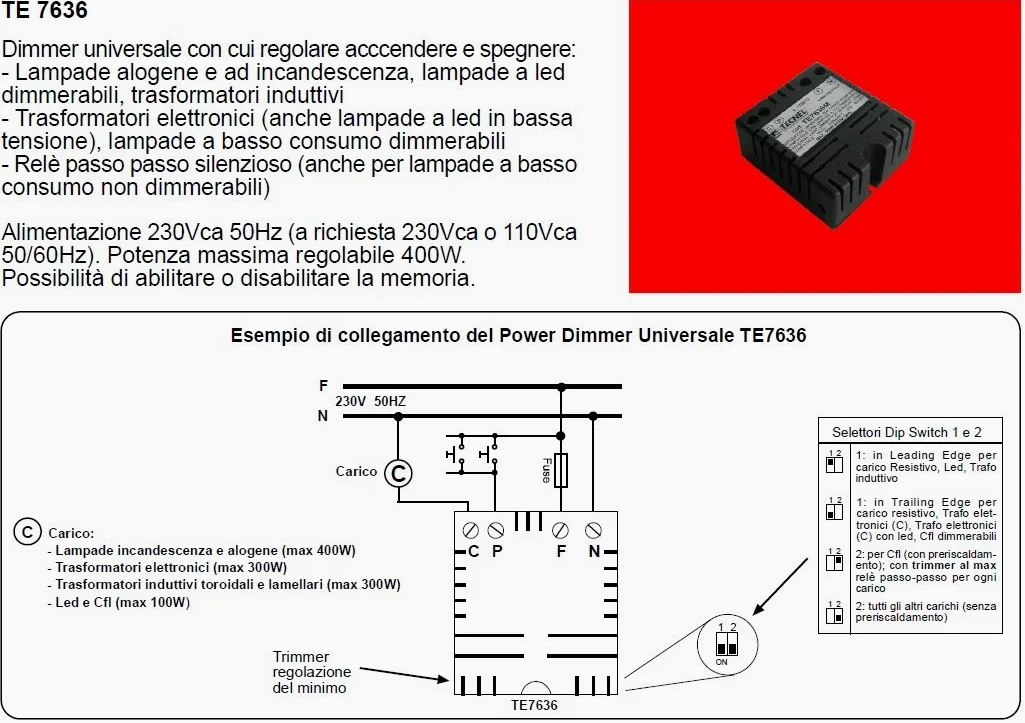 TECNEL TE7636 Dimmer Universale Varialuce Regolatore Luce 4-100W LED, Interruttore DIP, Pulsante, Nero