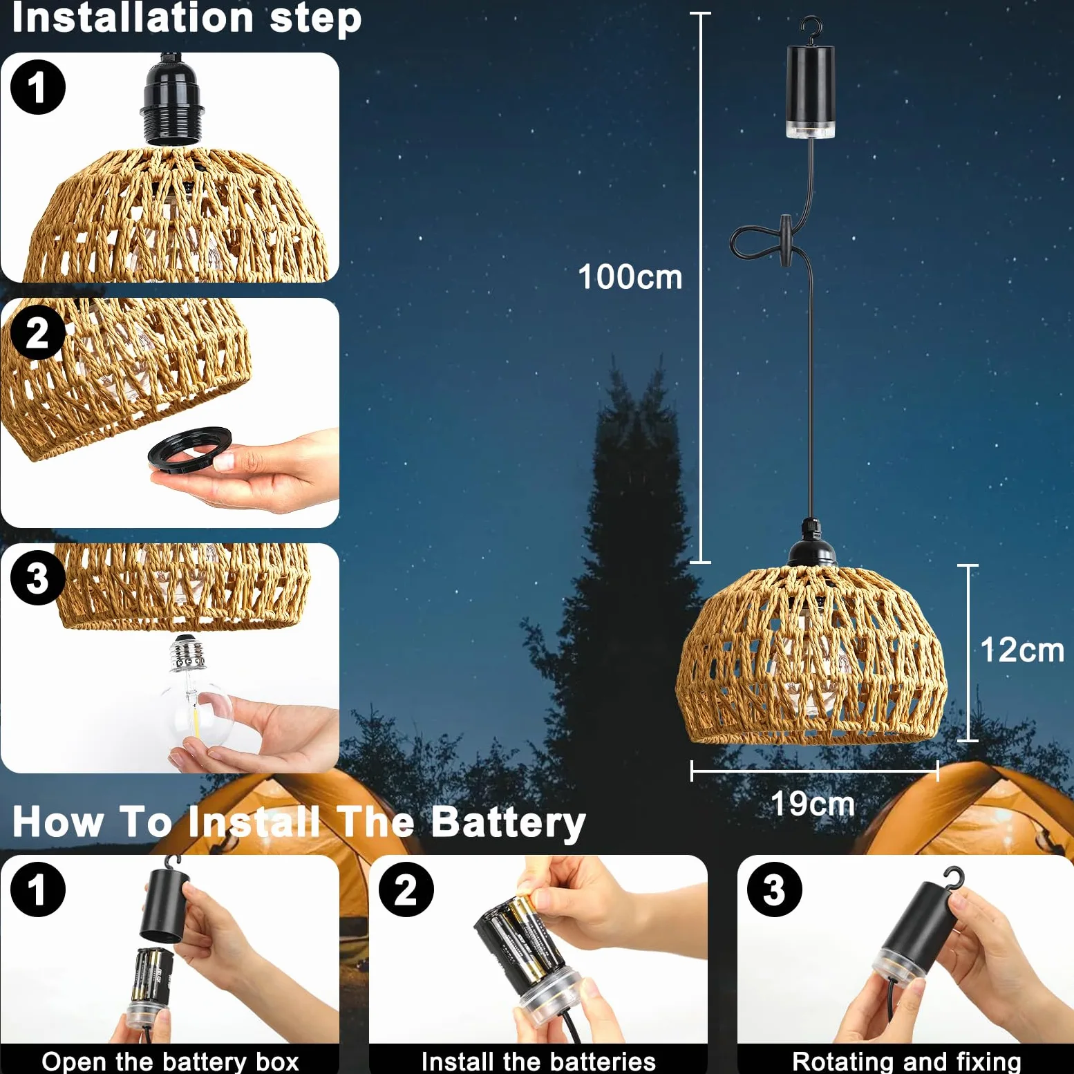 Lightess LampadariLightess 3x Lampadario con Batteria - Lampada a Sospensione Portatile Dimmerabile Telecomando, IP65 per Esterni e Interni, Stile Boho, per Giardino, Terrazza, Tavolo (Senza Fili)