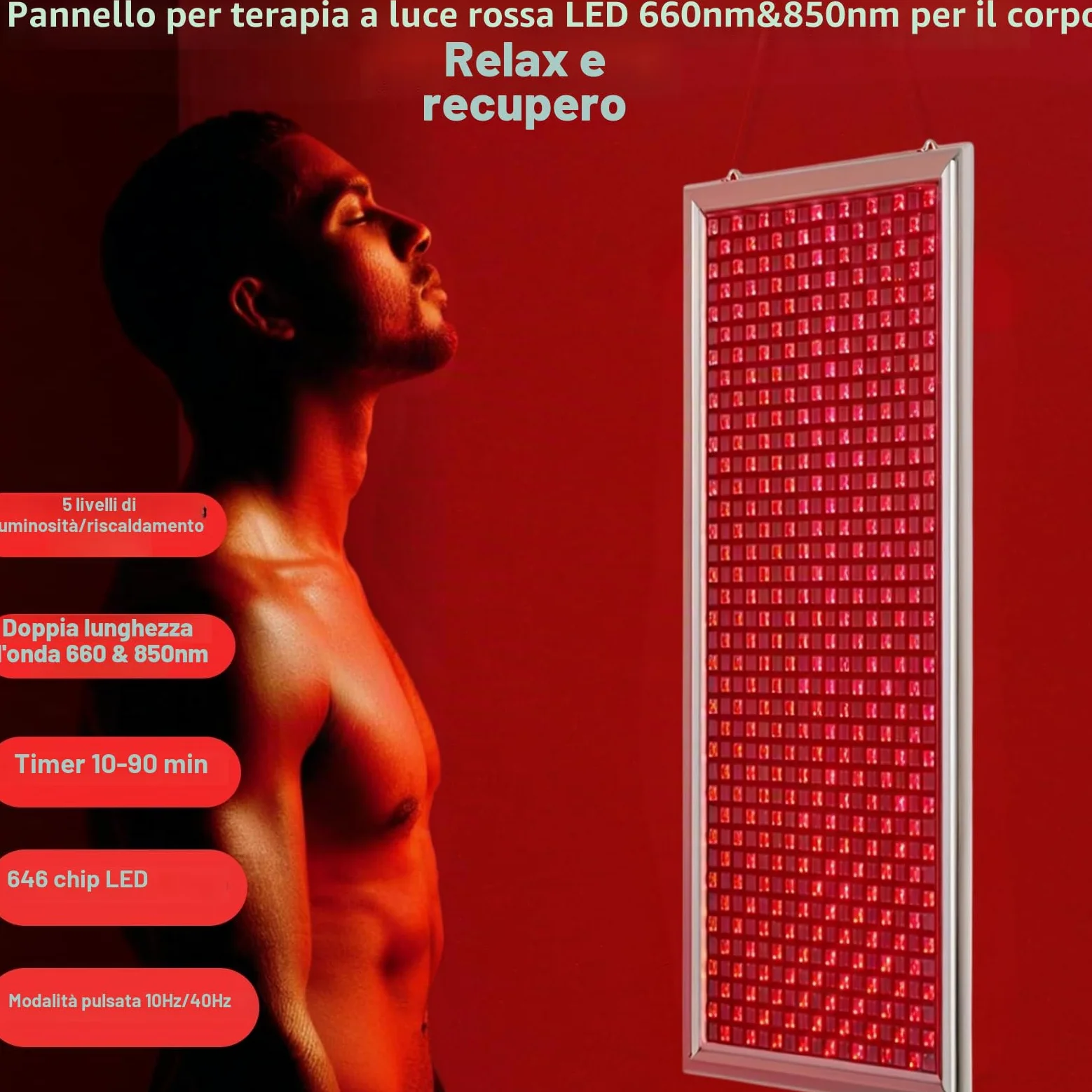 Lampada per terapia a luce rossa Pannello luminoso a infrarossi per tutto il corpo a 660nm e 850nm timer,5 livelli di luminosità e controller intelligente per il sollievo dal dolore muscolare,anti-età