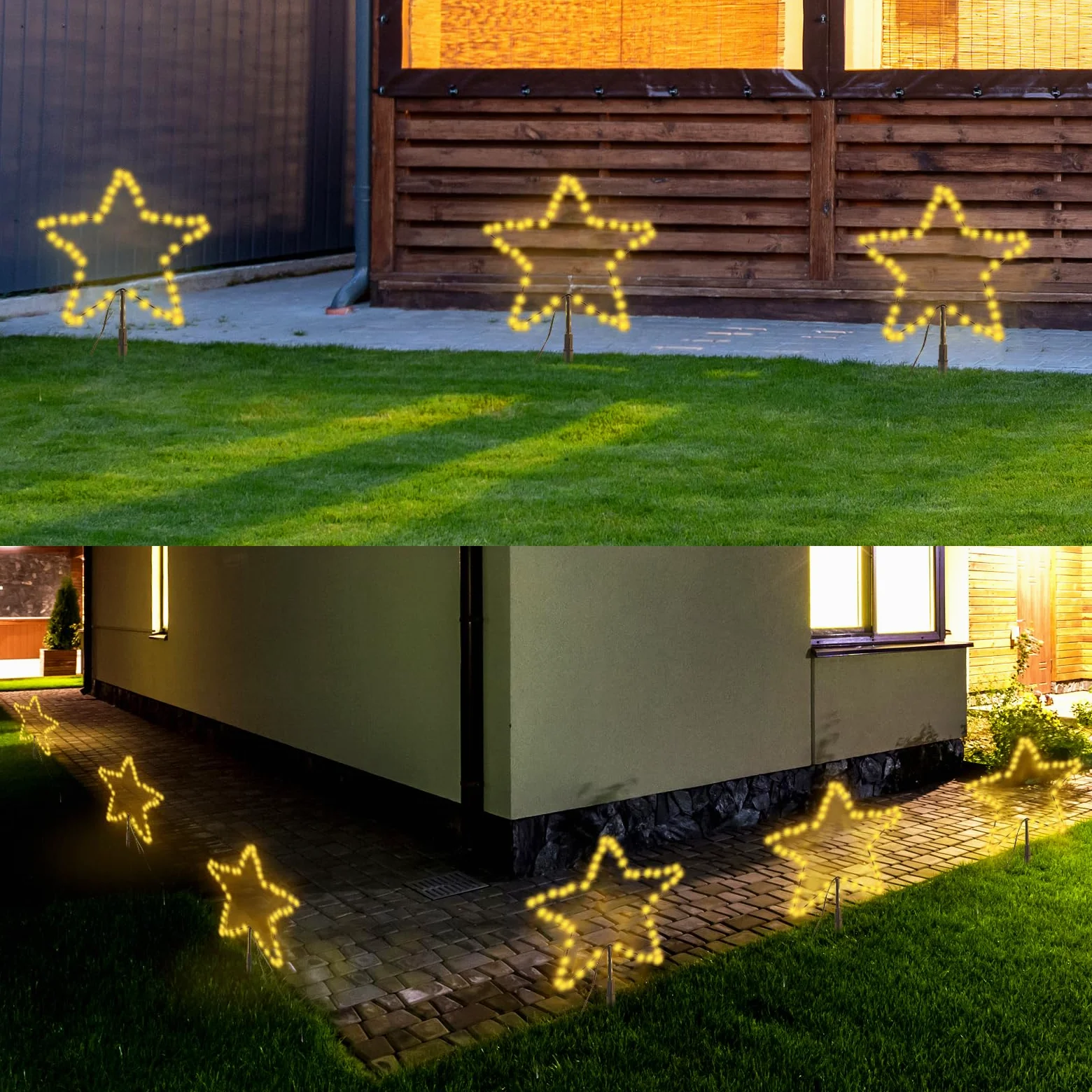 SALCAR 2 m di illuminazione natalizia per esterni, 3 stelle 45 cm, 150 LED, decorazione natalizia, giardino, illuminazione esterna con picchetto, stelle nere, bianco caldo