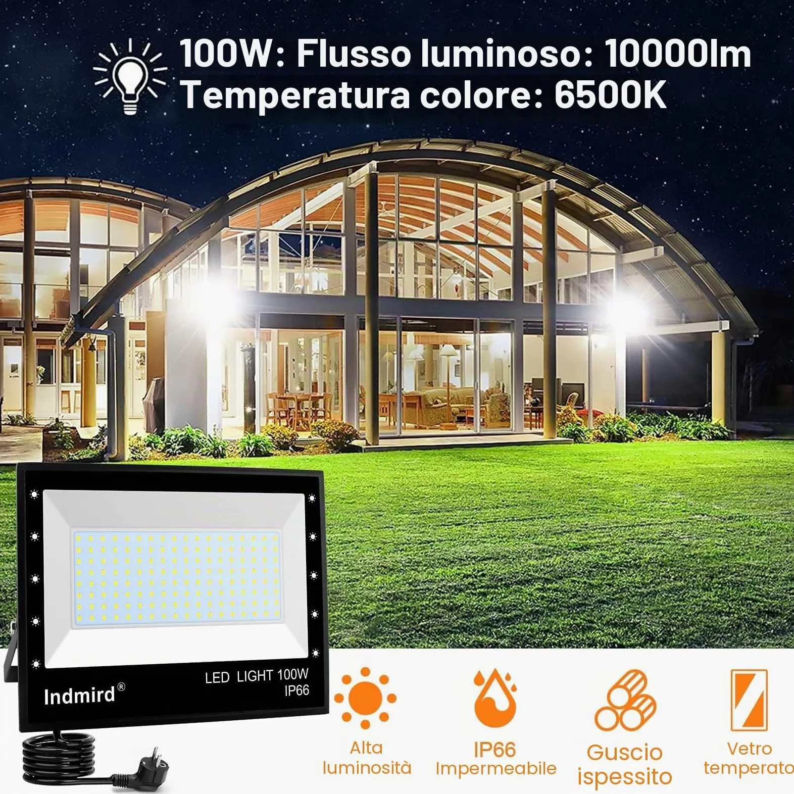 Faretto LED da Esterno 100W, 2 Pezzi 10000LM Faro LED con Spina, Proiettori Led Esterno Impermeabile IP66, Bianco Freddo 6500k Fari di Sicurezza Per Giardino Cortile Corridoio Garage