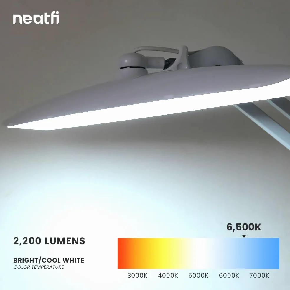 Neatfi Lampada da lavoro a LED XL da 2.200 lumen, lampada da scrivania super luminosa da 24 W, 117 LED SMD, larghezza 51 cm, luminosità a 4 livelli, dimmerabile, lampada a LED per la cura degli occhi