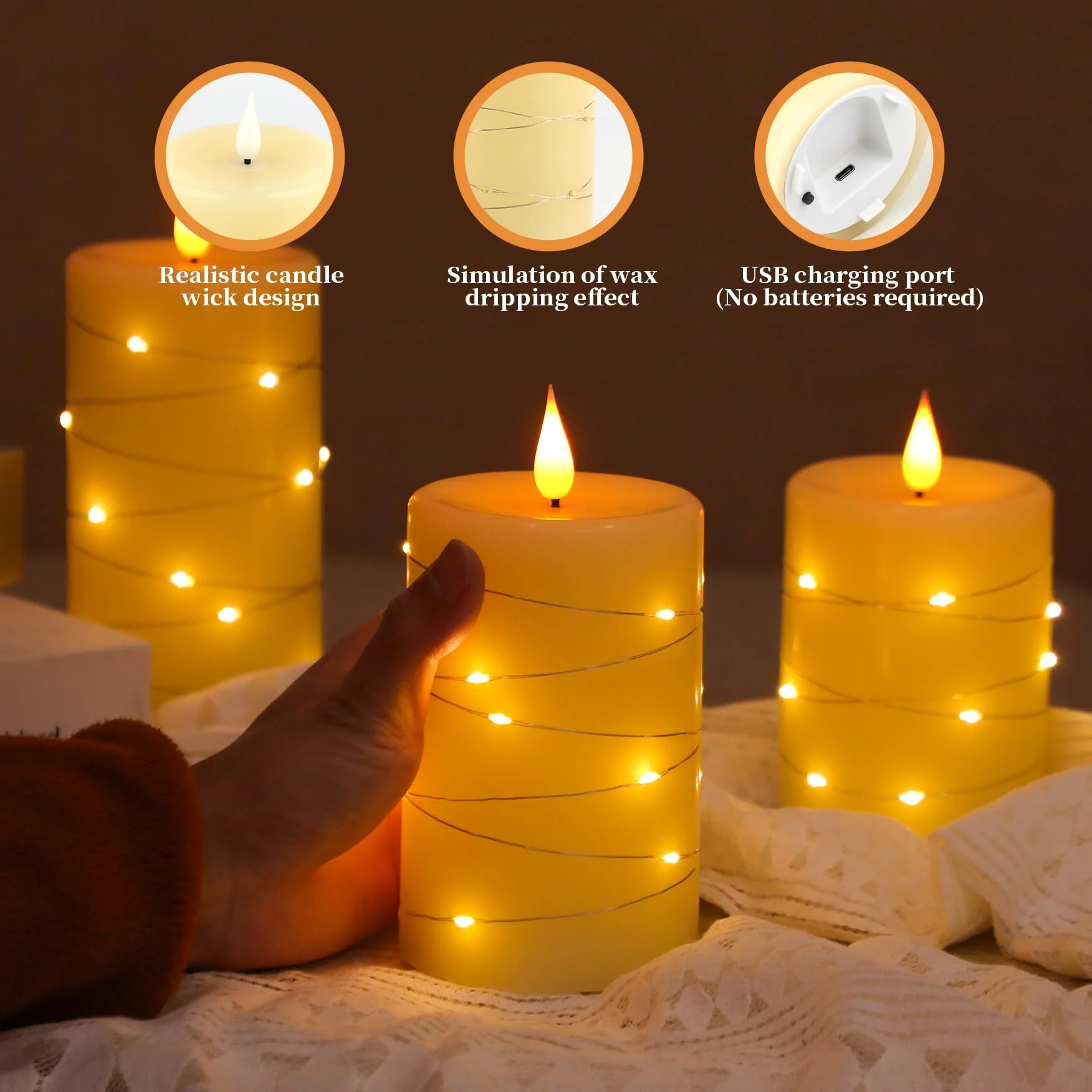 Forever Speed Candele LED Ricaricabili 3 Pezzi con Telecomando, 1000mAH Candele Led Fiamma Oscillante con Luci a Stringa Incorporate Dimmerabile per Decorazione per Feste, Campeggio, Matrimonio