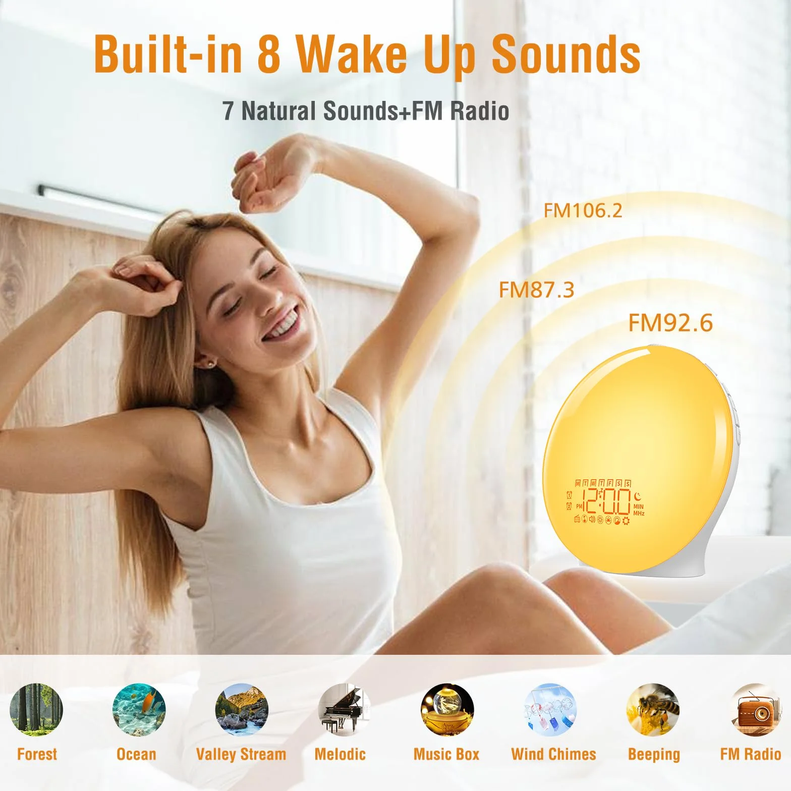 YAZEKY Wake Up Light,Luce Sveglia da Comodino con Simulazione dell'Alba,Luce Notturna con Due Sveglie e Funzione Snooze,FM Radio,20 Livelli di Luminosità,7 Suoni Naturali,Lampada Atmosfera 18 Colori