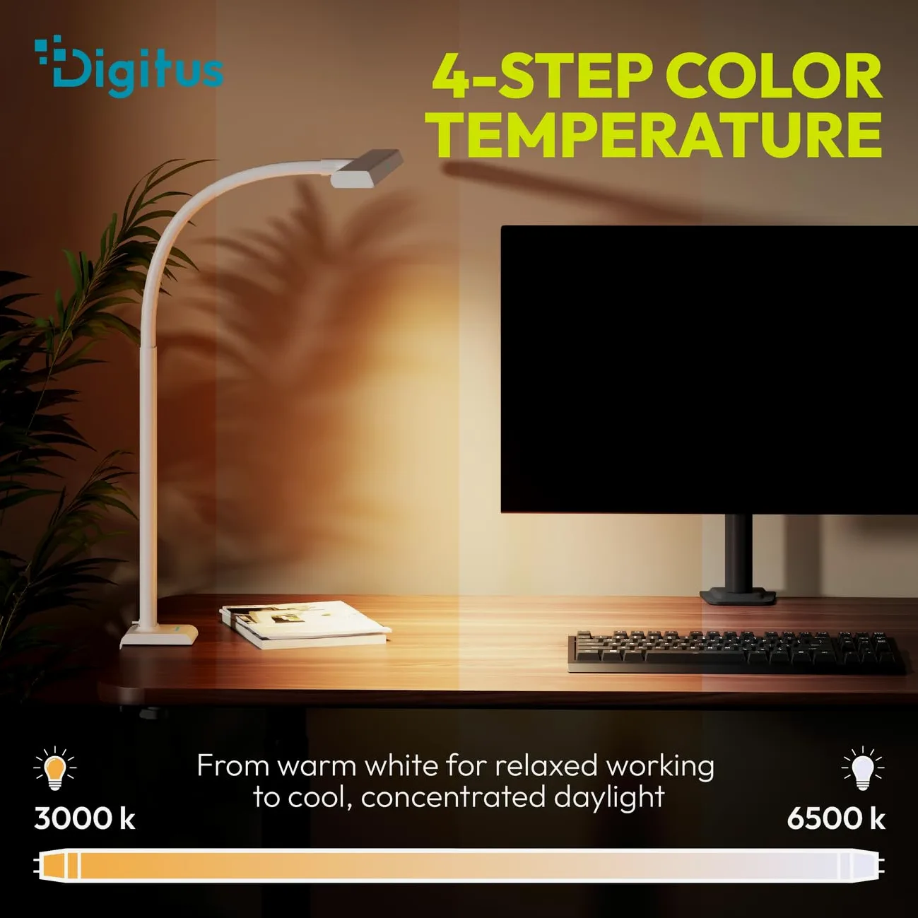 Digitus Lampada da scrivania a LED – 2400 lumen – 80 cm di larghezza – 16 W | 1000 lux – Temperatura di colore a 4 livelli – Regolabile – Comando touch – Braccio flessibile – Base a morsetto – Bianco