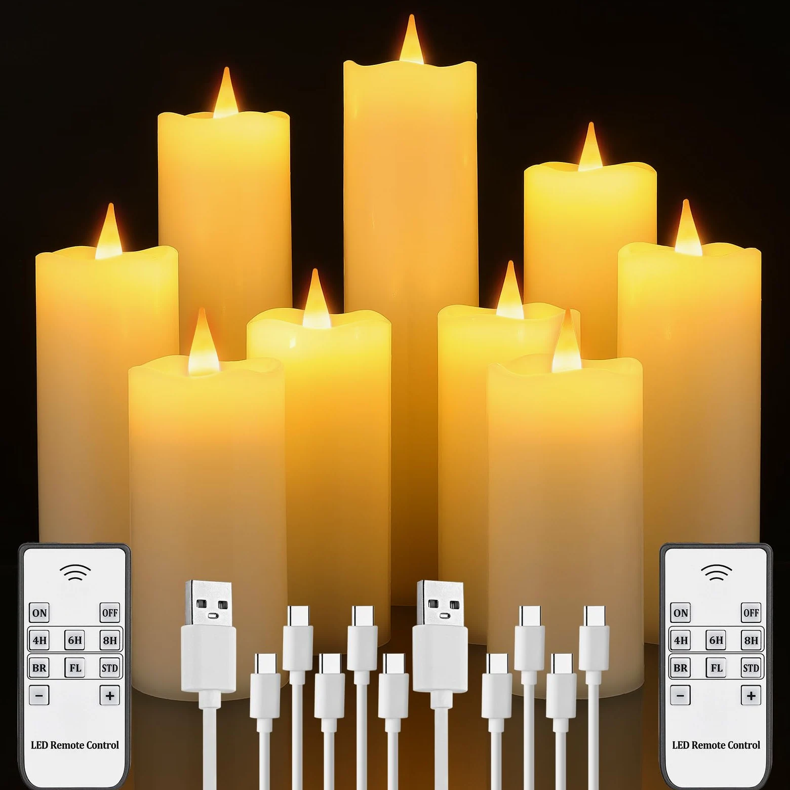 Candele ricaricabili senza fiamma con telecomando e timer, confezione da 9 candele LED tremolanti USB rivestite con vera cera per Halloween, Natale, casa, matrimoni e festività (sei