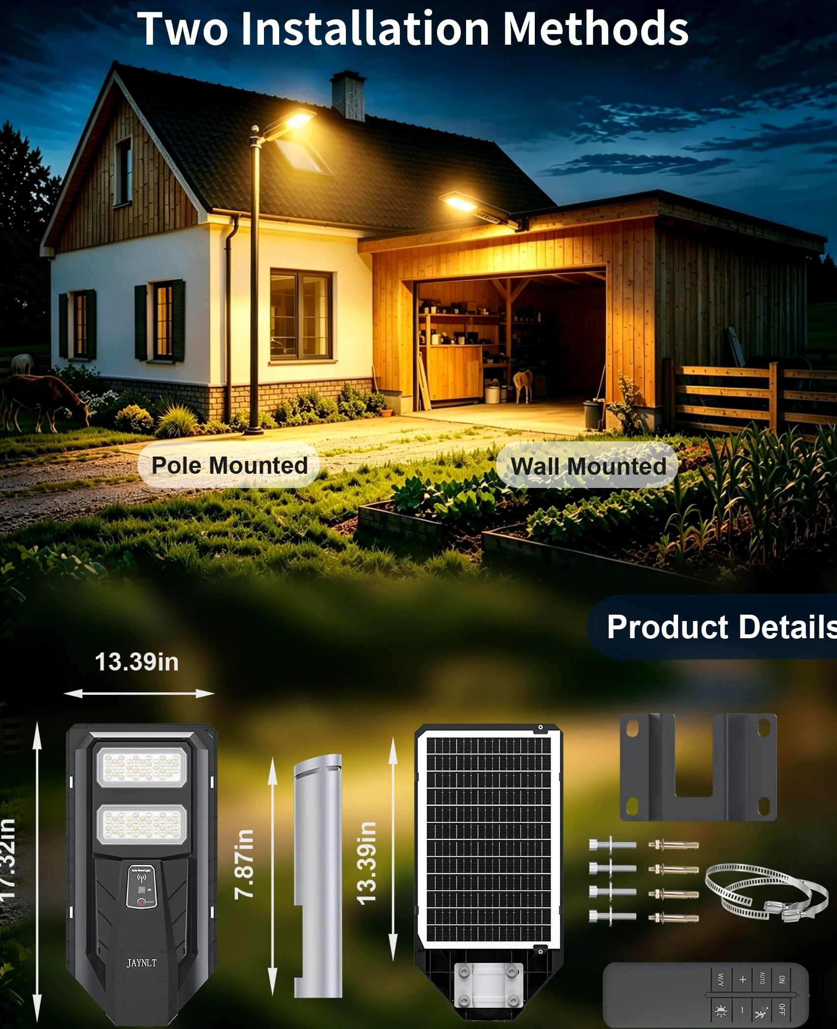 JAYNLT Lampione Solare LED Esterno, 3000K/4000K/6500K Faretto Led da Esterno con Sensore di Movimento, IP67 Impermeabile Faro Solare per Giardino Cortile Garage (2 Pezzi)