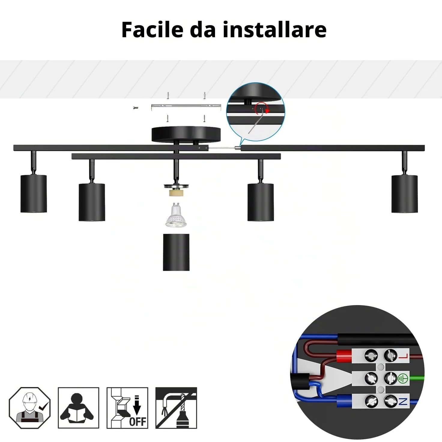 LVWIT Faretti Orientabili Nero, Faretti Soffitto con 5 Attacco GU10, Faretto da Interno Moderna, Lampadario Faretti per Barra, Salotto, Cameretta, Cucina,Corridoio Illuminazione (Senza Lampadina)