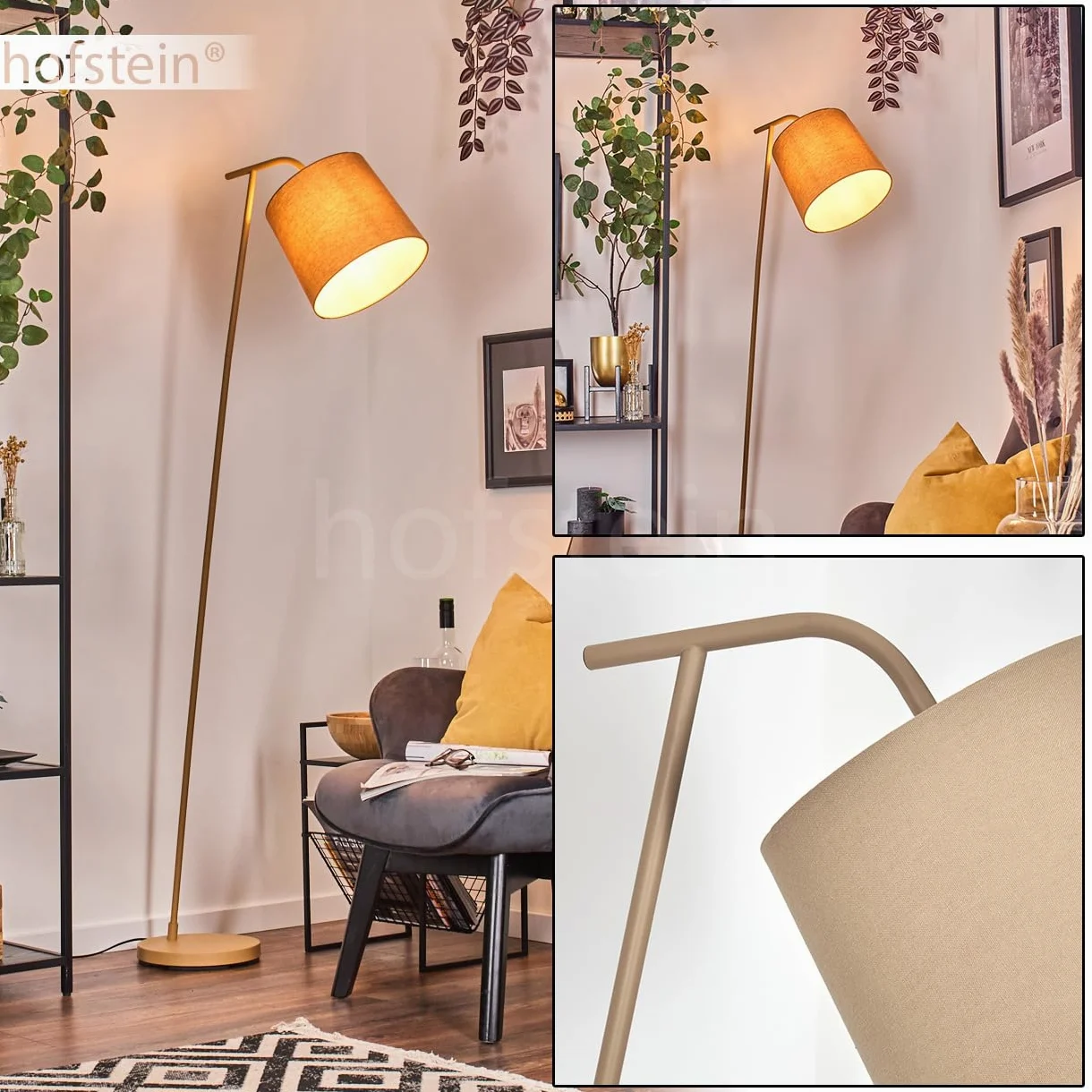 Lampada da terra Palmeiros, lampada da terra in metallo/tessuto beige/bianco, lampada in stile boho con paralume rotondo (Ø 25 cm) e interruttore a pedale, altezza 160 cm, 1 x E27, senza lampadina