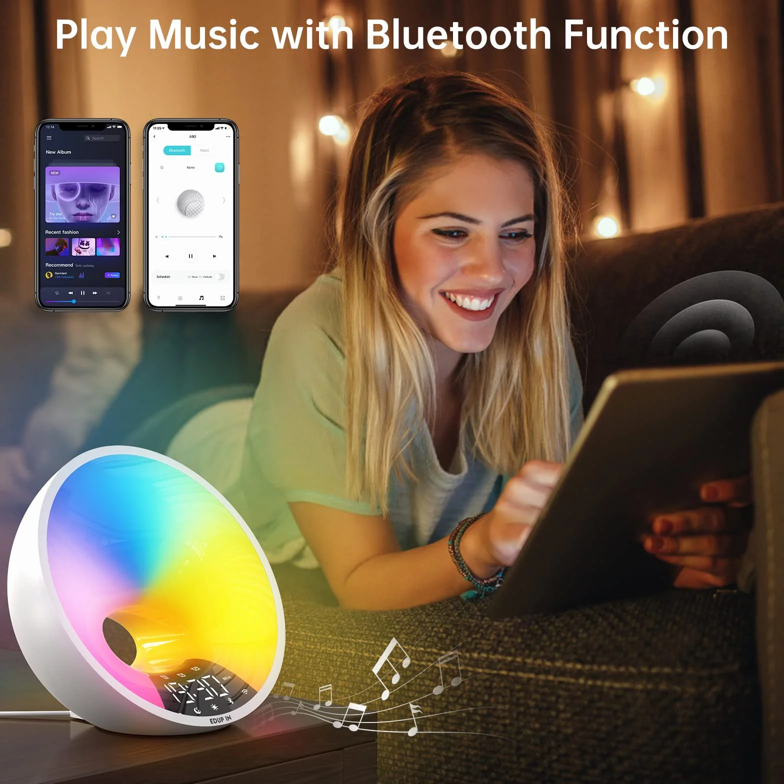 EDUP IN Luce Sveglia Luce Alba Simulazione Aiuti al Sonno Adattatore Di Controllo APP doppia Sveglia Snooze 16 Milioni Di Colori Luce Notturna 7 Suoni Dimmerabili Connessione USB Radio Bluetooth