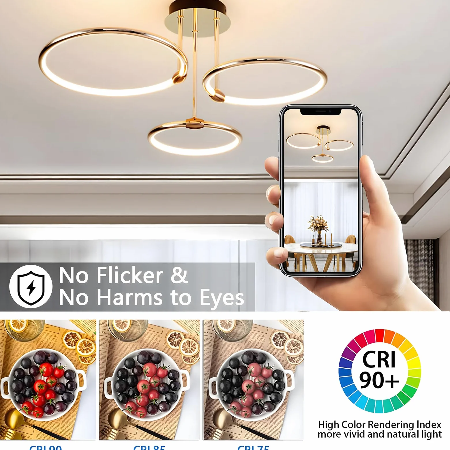3 Anelli Rotondi Design Oro LED Plafoniera, Lampadario Ø56cm | 60W Dimmerabile Continuo, Pendente Placcato In Metallo Creativo, Lampada Moderna Per Soggiorno In Camera Letto Studio Ufficio