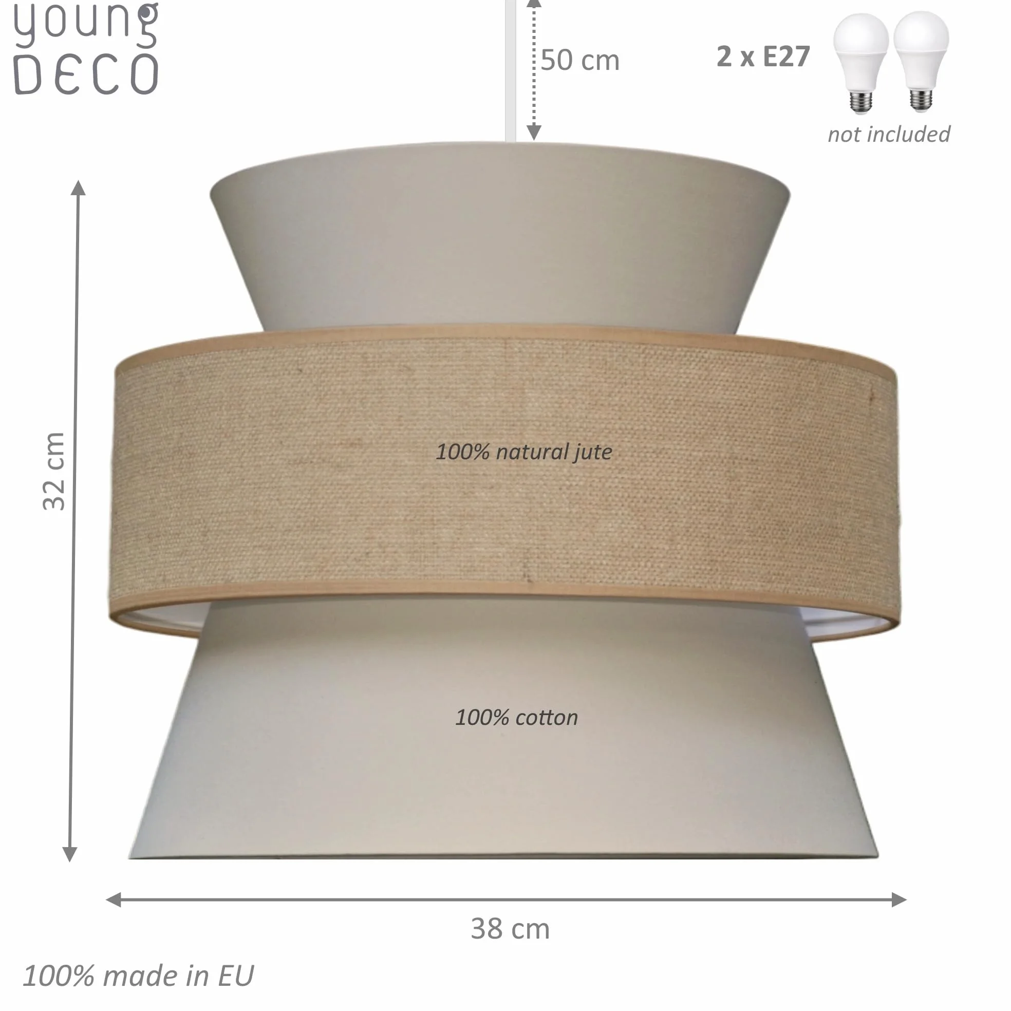 Lampada a sospensione BOHO 2xE27, diametro 38 cm, grande paralume in cotone e juta, per camera dei bambini, soggiorno, camera da letto, cucina, ingresso e ufficio, made in EU