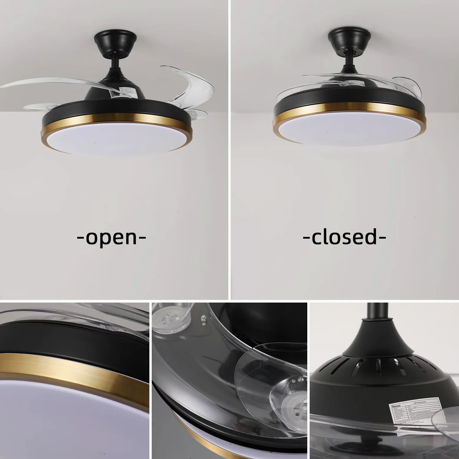 Ventilatore a soffitto retrattile intelligente luci e altoparlante Bluetooth, ventilatore illuminato da 24W con controllo tramite app Alexa e Google - Nero e oro