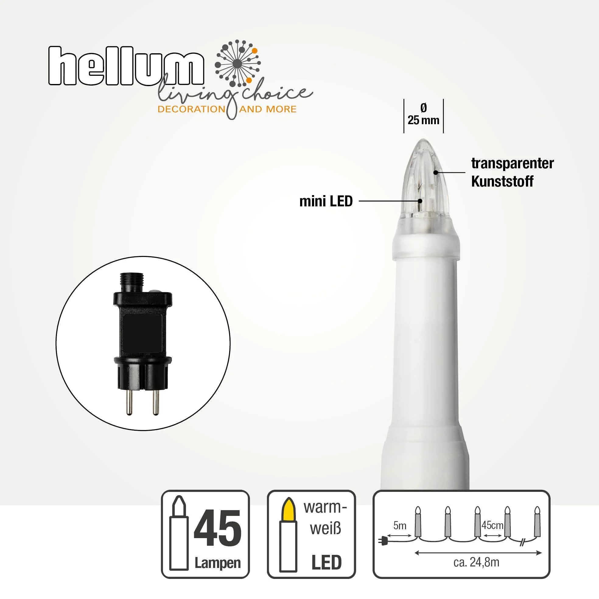 Hellum Catena luminosa per albero di Natale esterno con spina e clip, 45 candele LED per albero di Natale, 19,8 m, cavo alimentazione 5 m, codolo bianco, cavo nero, < 59 lm, 640410