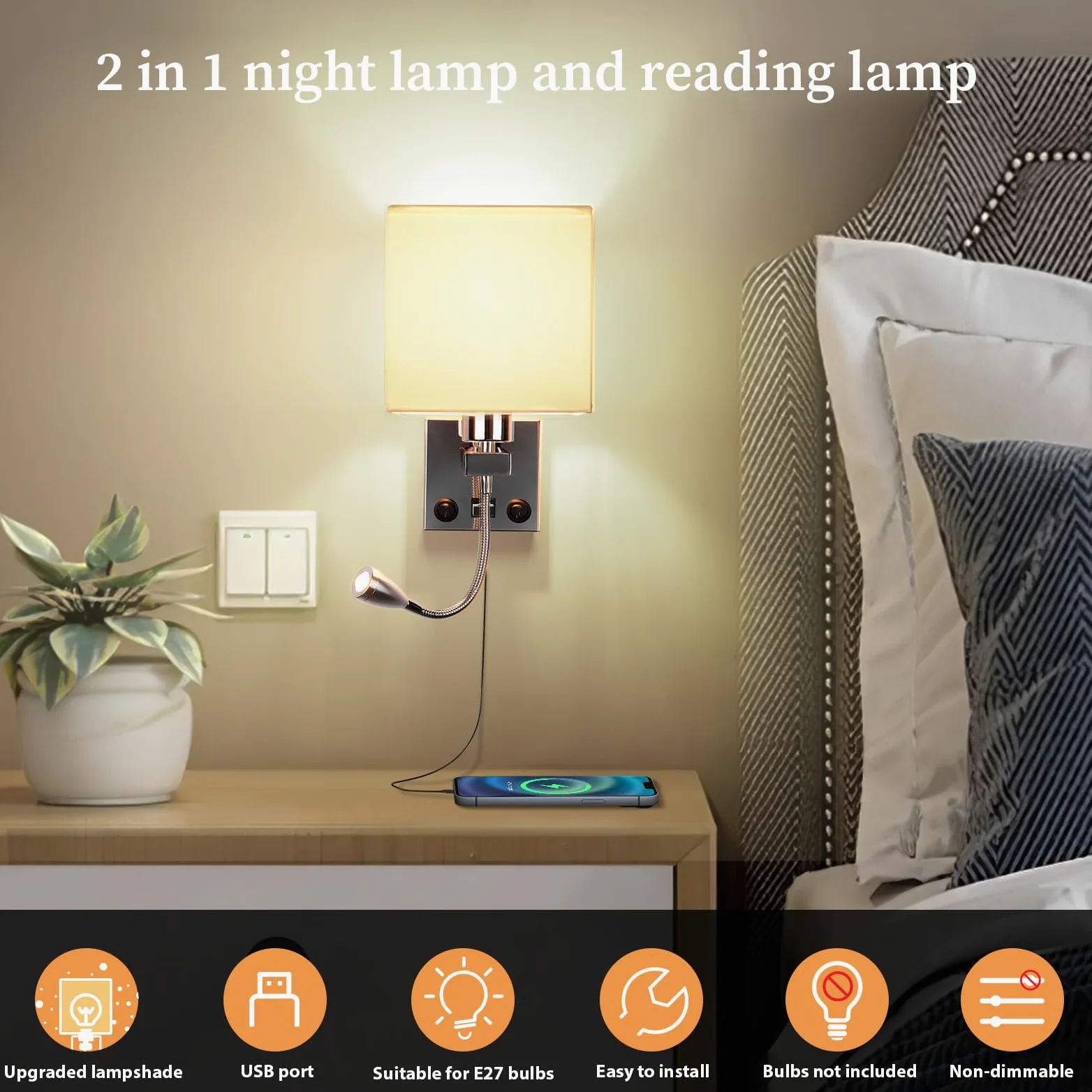 ALLOMN Applique da Comodino, Applique da Lettura a LED Applique Moderna Cromata Lucida con Faretto Orientabile a Collo di Cigno, Doppi Interruttori, Con porta USB da Caricare E27 (Con USB, 1 PCS)