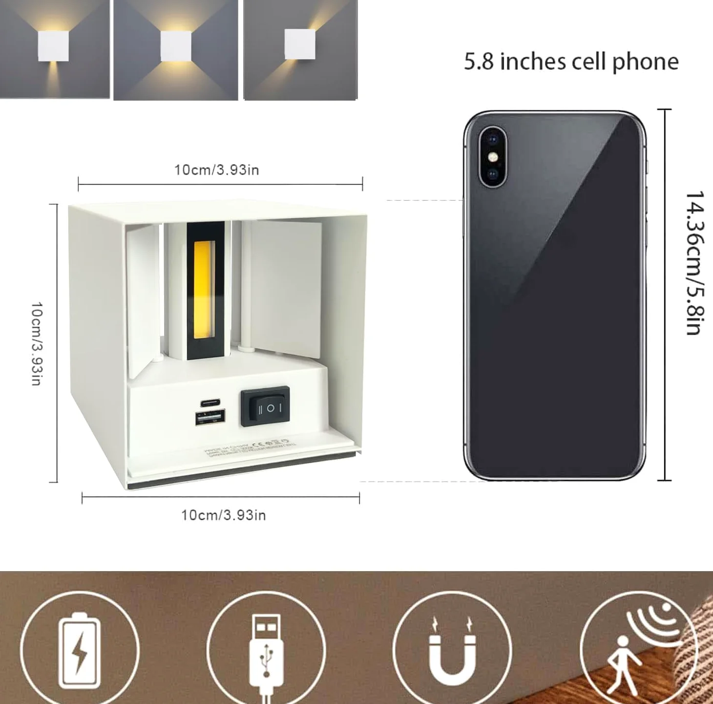 2 Pezzi Lampada da Parete con Sensore di Movimento, USB Ricaricabile Lampada da Muro Senza Fili, Batteria 3600mAh, Applique da Parete Interno Magnetica Per Camera da Letto Corridoio Scale, Bianca