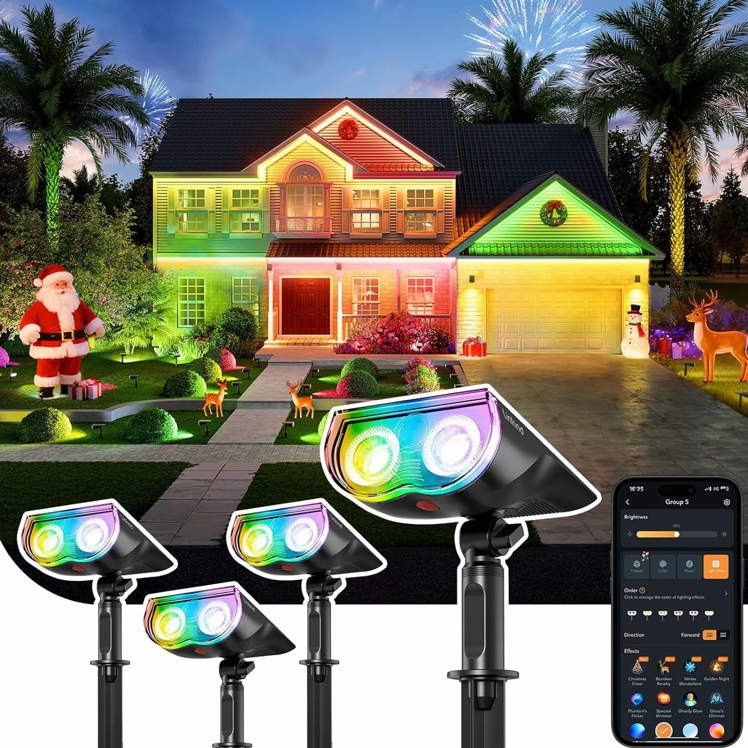 Linkind RGBTW Faretti Solari Intelligenti per Esterni SL5C, MPPT Solar-Tech, 16 Milioni di colori, Controllo Tramite app e Gruppo, Sincronizzazione musicale,IP67, confezione da 4