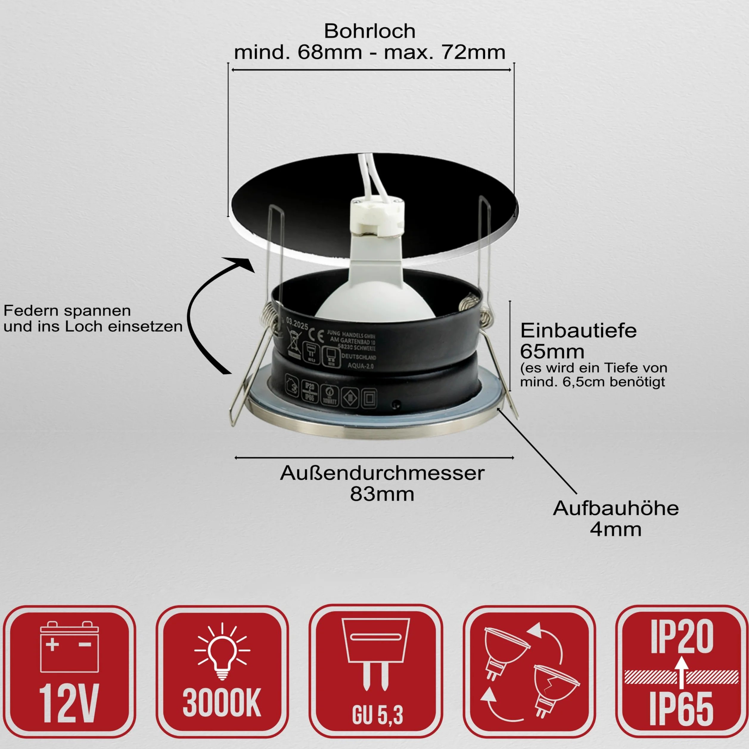 JungesLicht - Faretto da incasso IP65 da 12 V con trasformatore, 3 lampadine LED da 4 W – intercambiabili, foro 68 – 72 mm, esterno 83 mm, profondità 65 mm, set completo, lampada da incasso per bagno