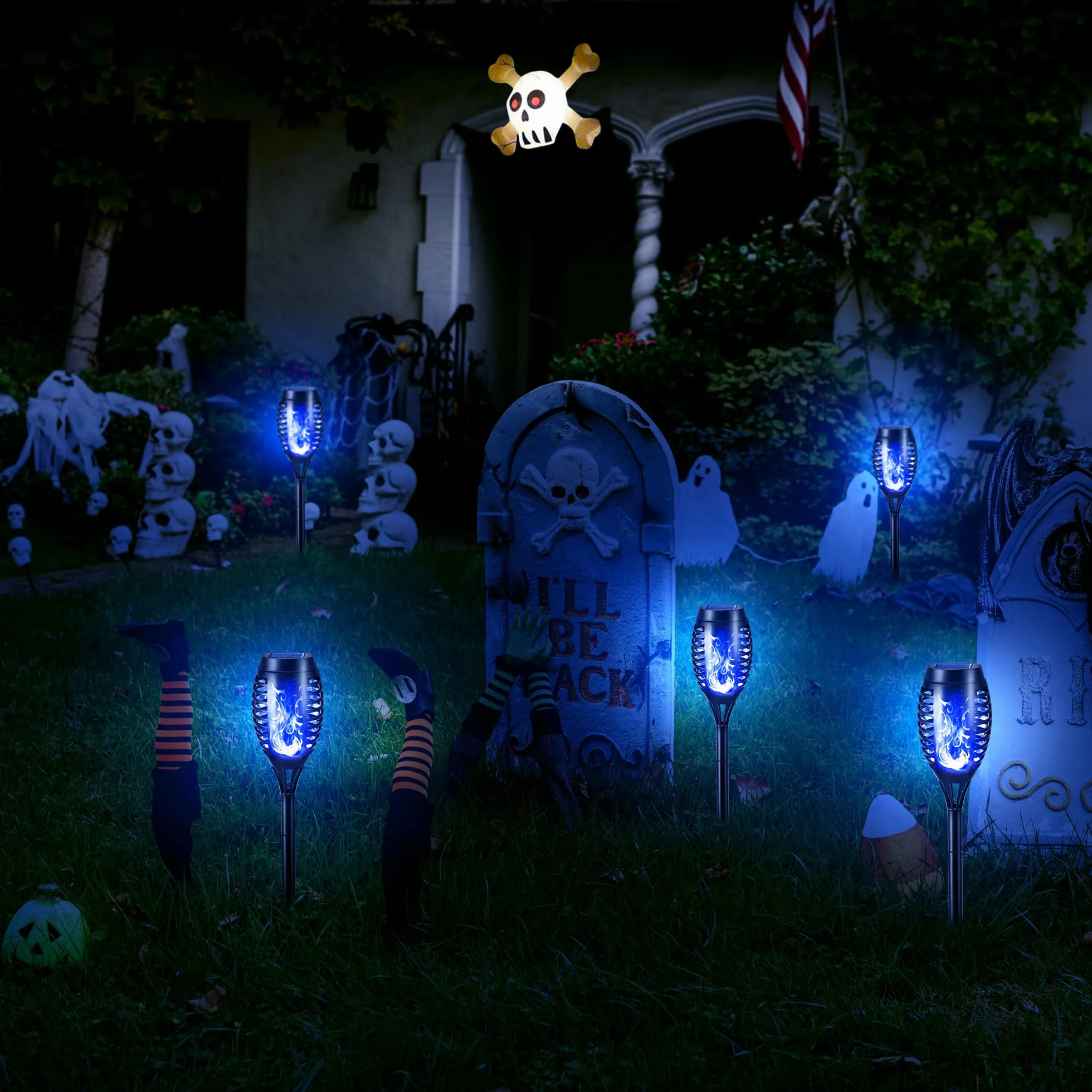 Geemoo Solari Esterno 6 Pezzi Lampade Solari da Giardino Torcia Luce con Blu Fiamma Tremolante Realistico, Luci Decorative per Halloween Esterno, Giardino, Patio, Prato