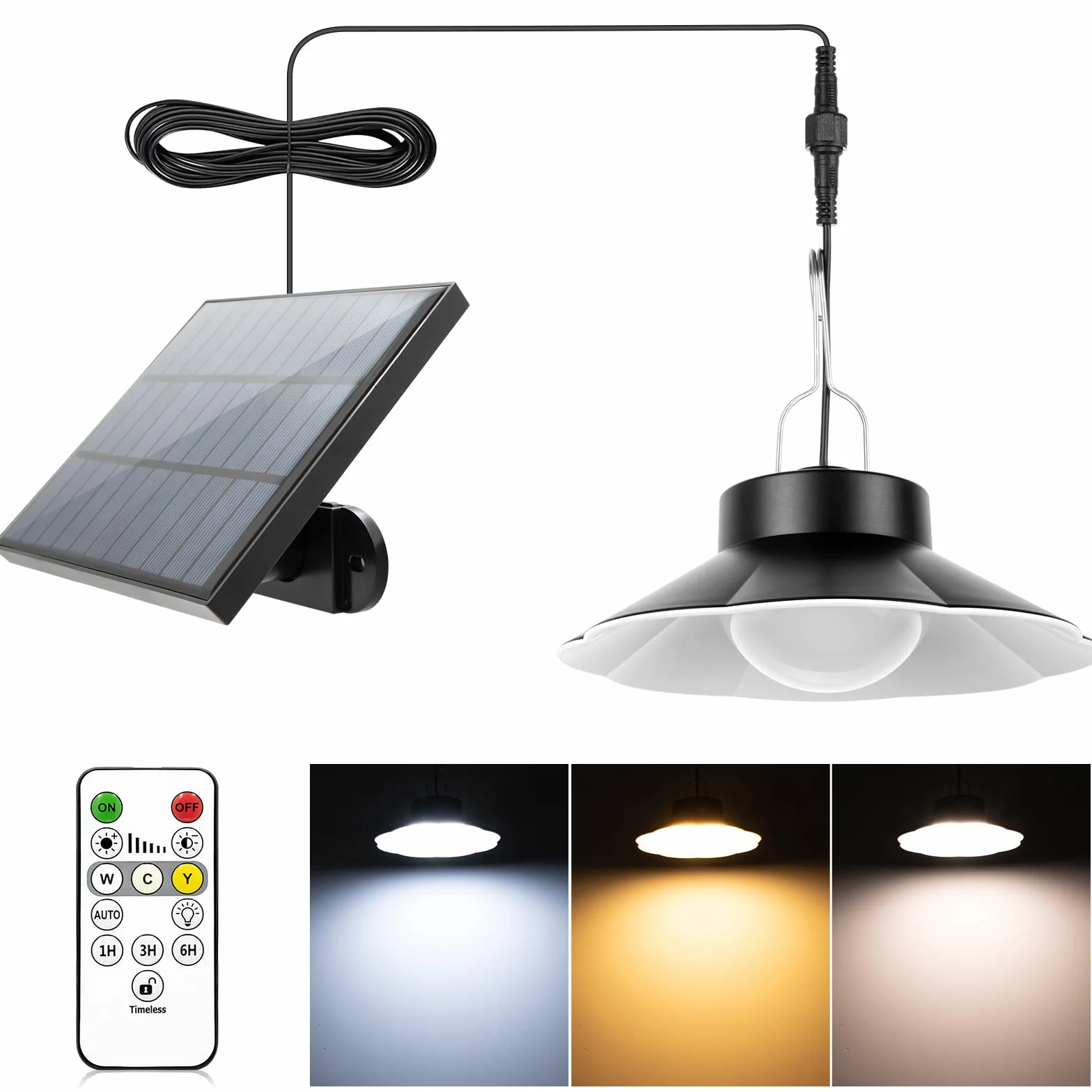AGOTD Lampada Solare da Esterno, Lampada a Sospensione Solare con Telecomando, 3 Colore, Cavo 5M, 6Luminosità, IP65 Impermeabile, Illuminazione per Giardino Balcone Vialetto