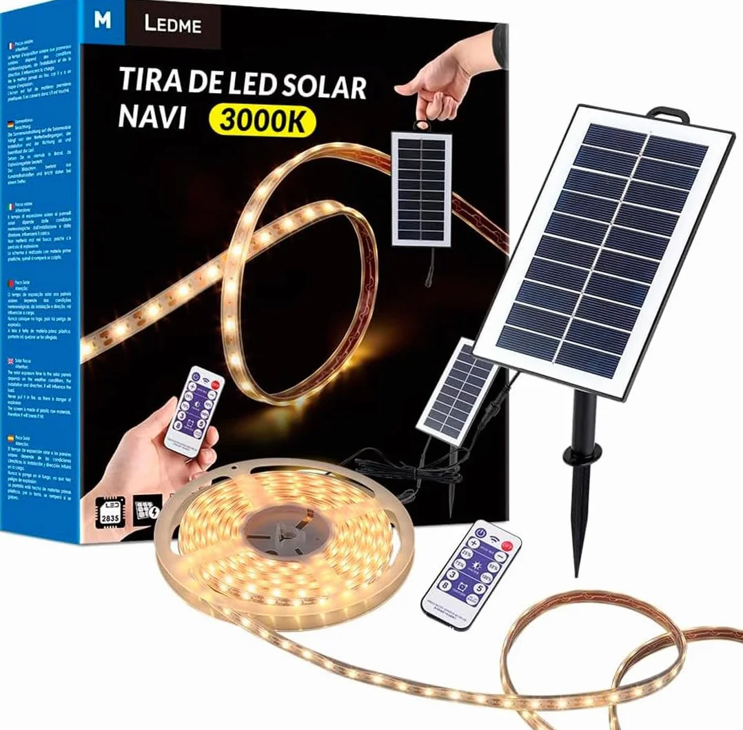 M Ledme - Striscia LED solare esterna giardino 5 metri con telecomando, IP68 sommergibile, 300 LED, luce LED bianco caldo, con kit di installazione per piastra solare, per giardino, casa, decorativa