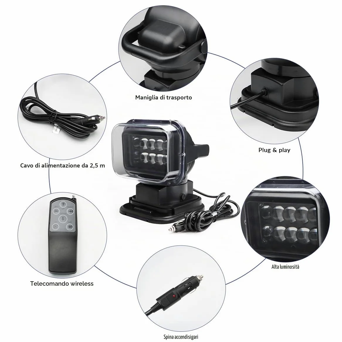 MARCHFA Faro da ricerca Led luce da lavoro telecomandato con piede magnetico luce da ricerca Chip Cree resistente alle intemperie ruotabile per auto offroad caccia barca giardino 50 W DC 12 V