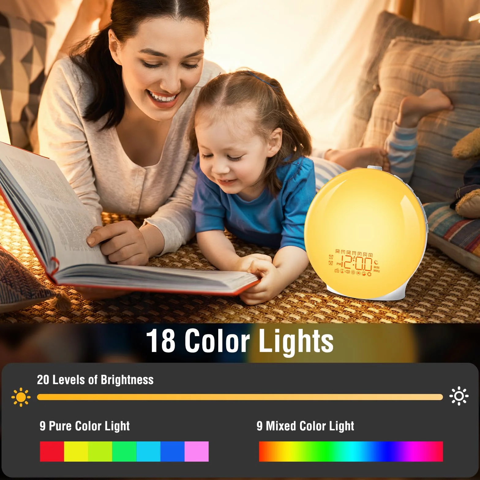 YAZEKY Wake Up Light,Luce Sveglia da Comodino con Simulazione dell'Alba,Luce Notturna con Due Sveglie e Funzione Snooze,FM Radio,20 Livelli di Luminosità,7 Suoni Naturali,Lampada Atmosfera 18 Colori